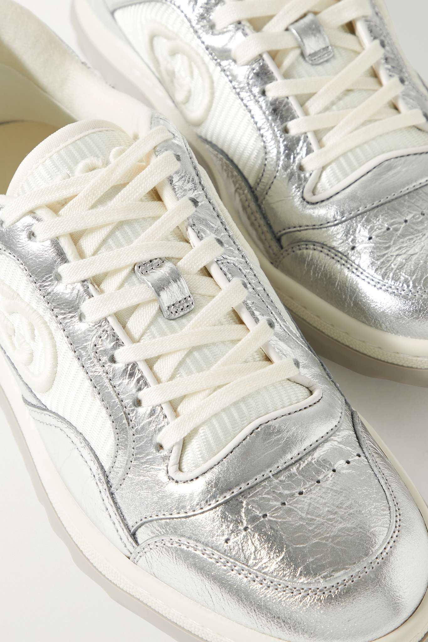 MAC80 embroidered mesh-trimmed metallic textured-leather sneakers - 4