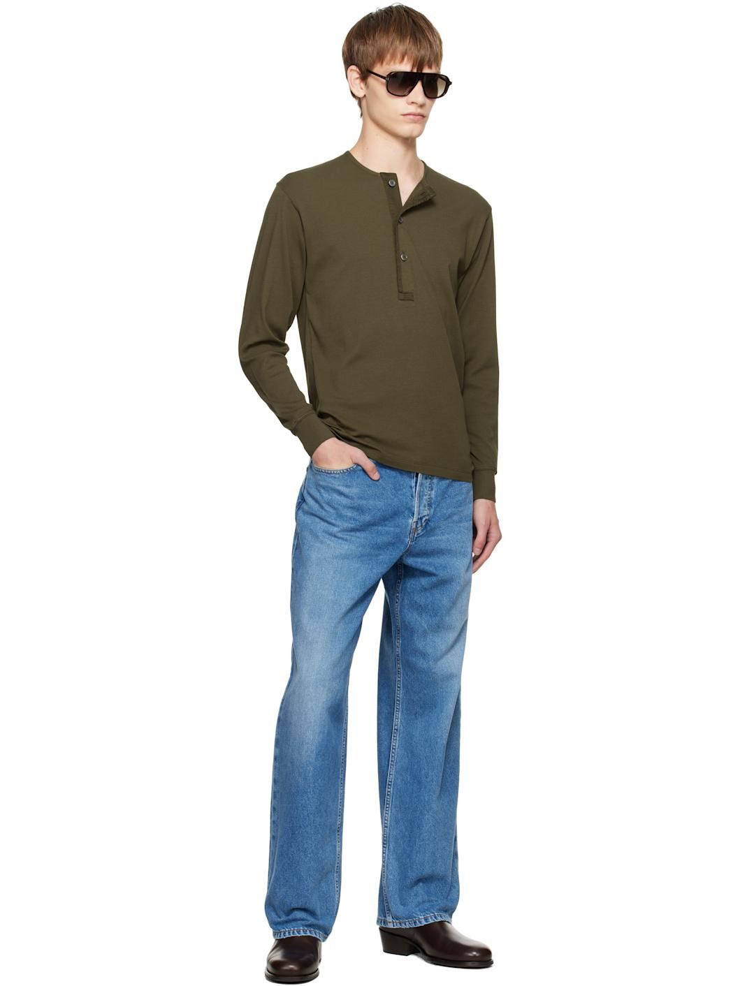 Green Cotton Stretch Rib Henley - 4