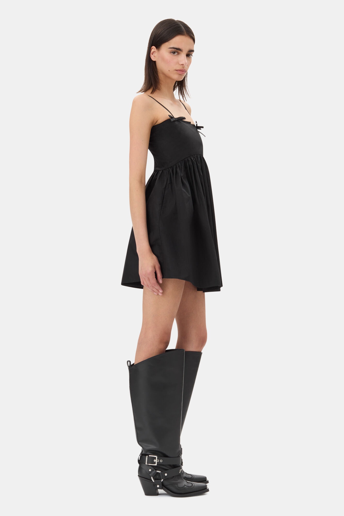 BLACK COTTON POPLIN STRAP DRESS - 4