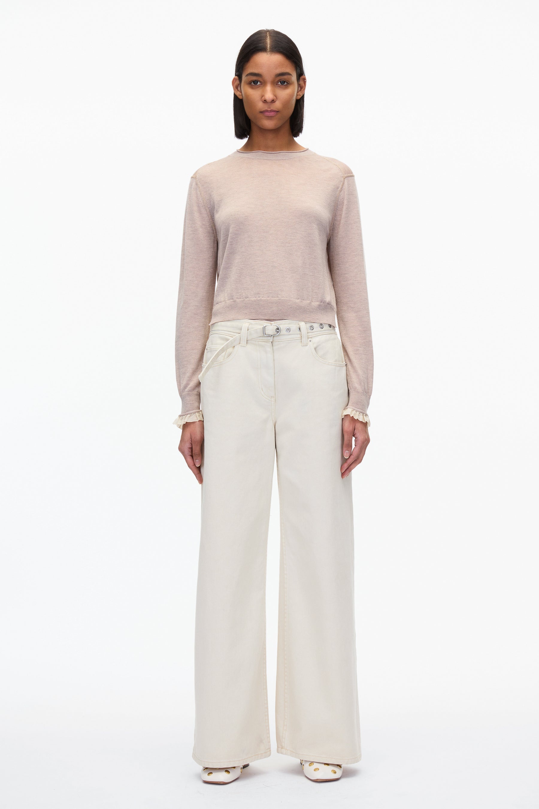 Layered Wool Silk Crew Sweater w Chiffon Cuff - 5