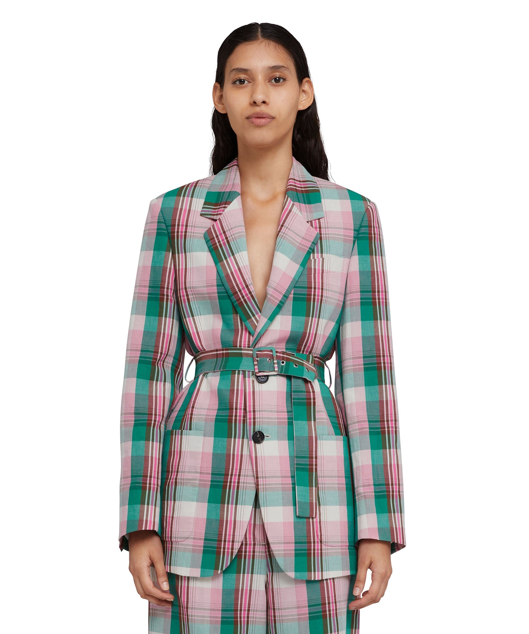 Madras linen single-breasted blazer with belt - 5