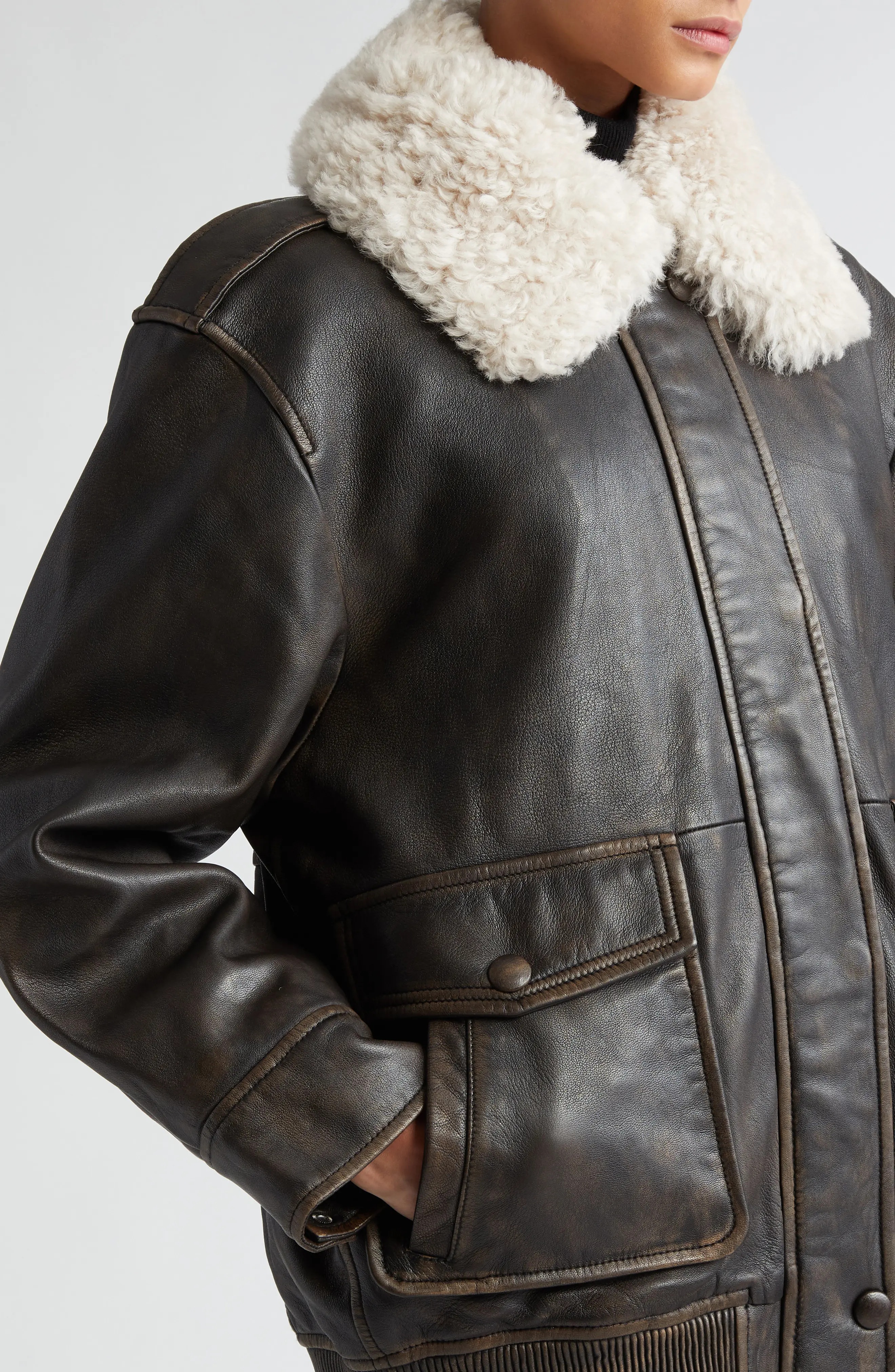 Danata Genuine Shearling Collar Lambskin Leather Jacket - 4