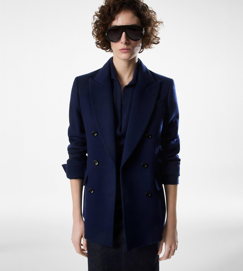 TOM FORD DOUBLE BREASTED PEAK LAPEL JACKET WITH LEATHER UNDERCOLLAR outlook