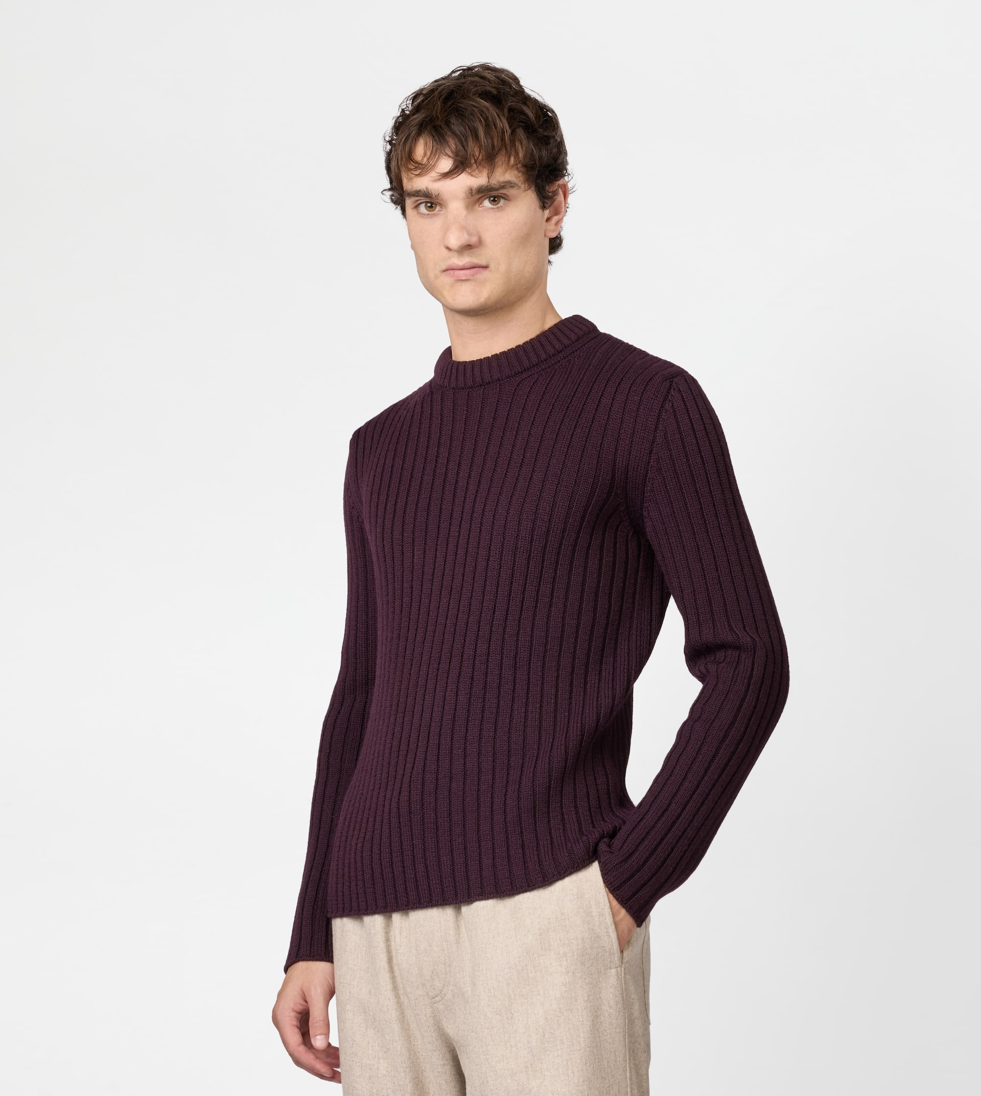 ROUND-NECK PULLOVER IN MERINO WOOL - BURGUNDY - 3