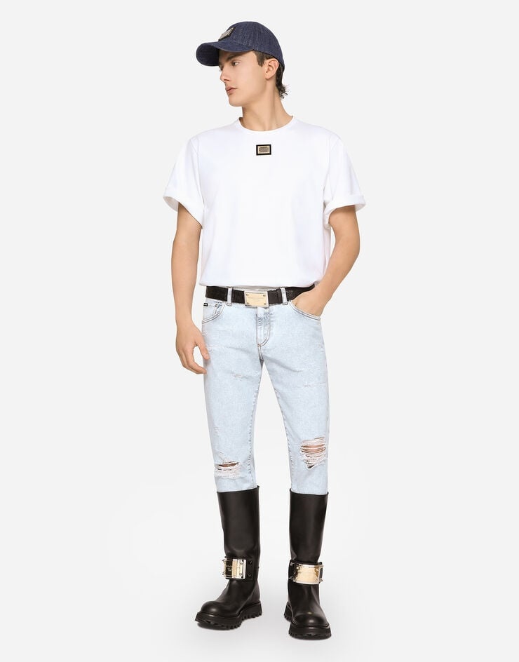 Stone-bleached slim-fit stretch jeans with rips - 5