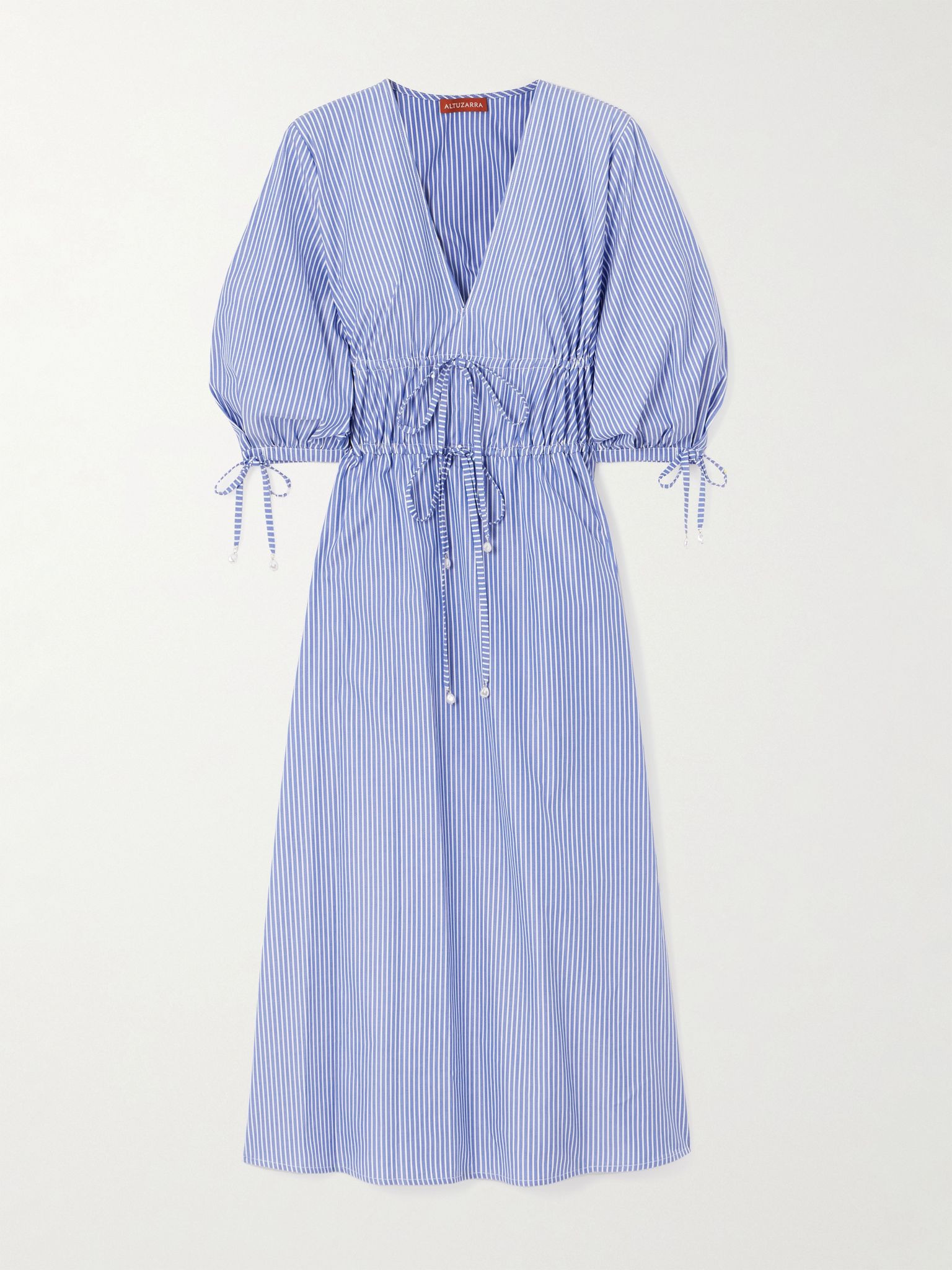 Donrine faux pearl-embellished tie-detailed striped cotton midi dress Blue - 1