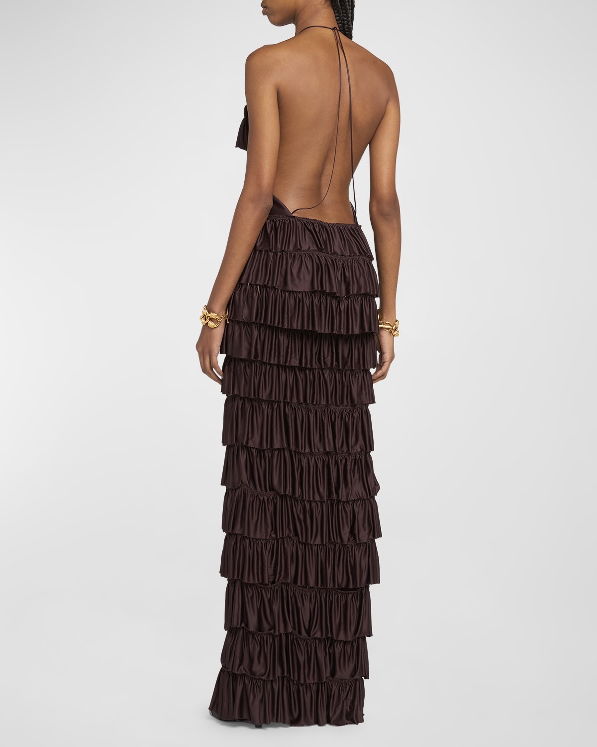 Tiered Ruffle Jersey Halter Gown - 4