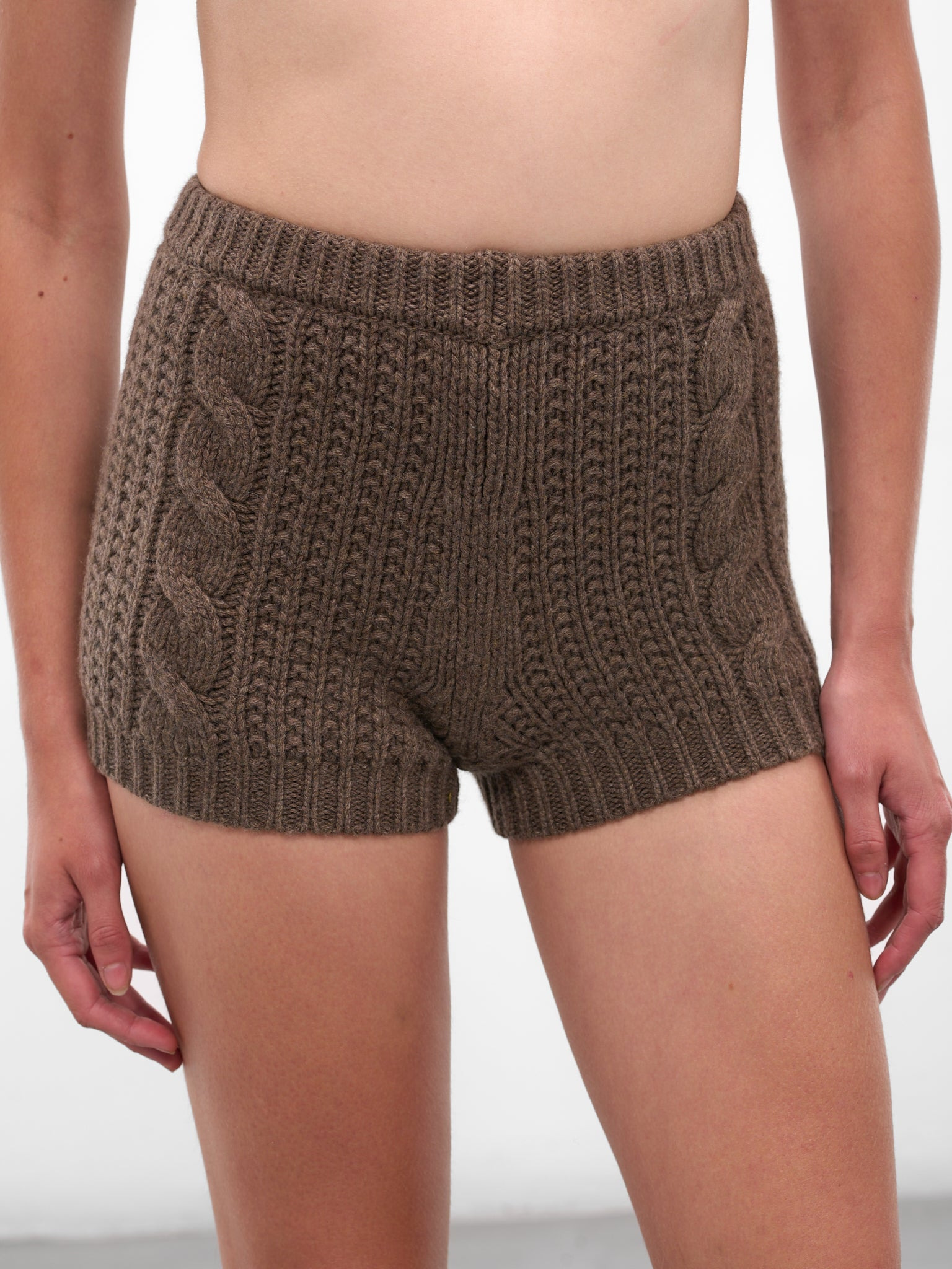 Brown Cashmere Cable-Knit Mini Shorts - 4