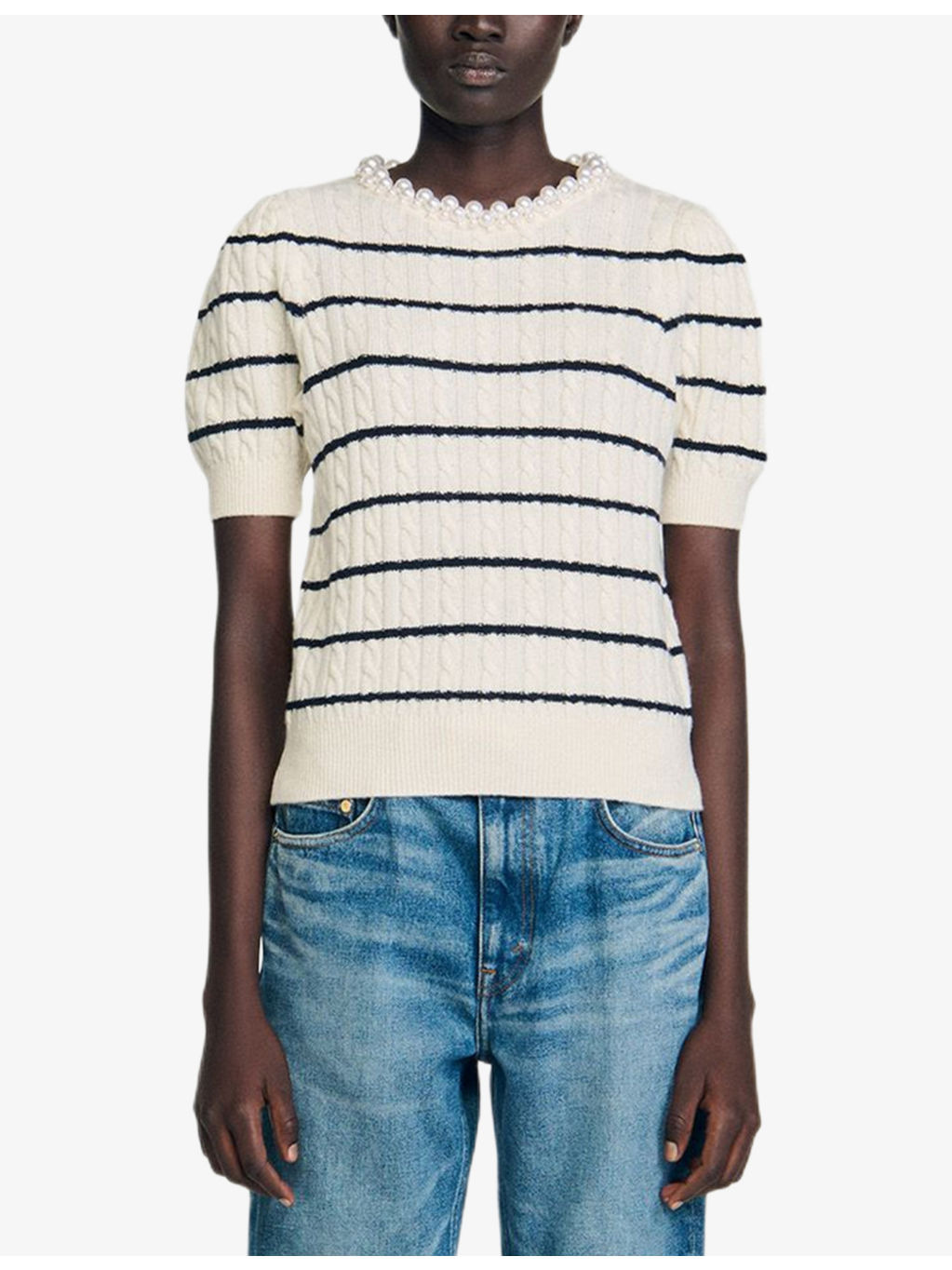 Pearl-Collar Short-Sleeve Striped Wool And Cashmere-Blend Jumper - 3