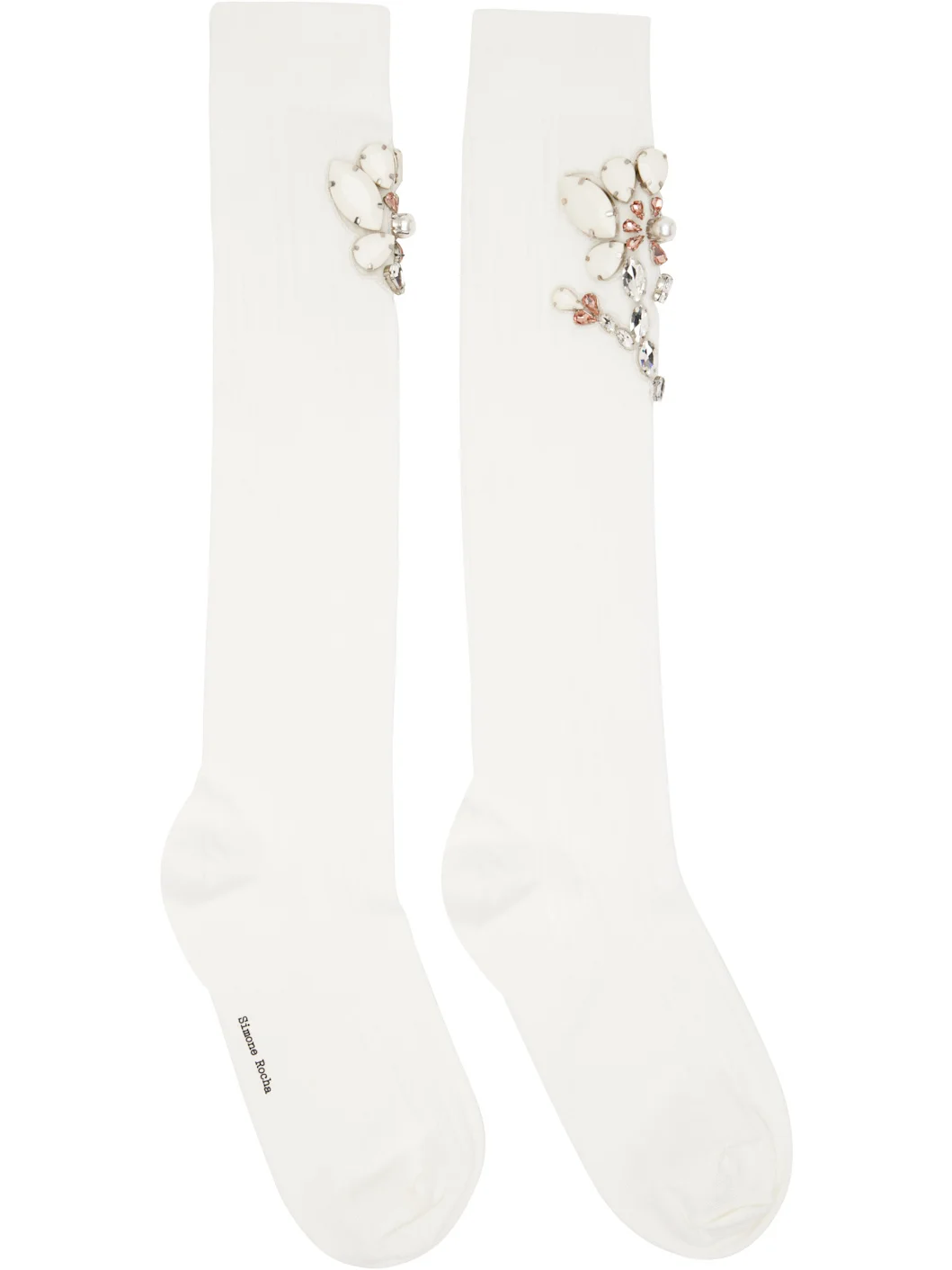 White Poppy Crystal Flower Ribbed Knee Socks - 1