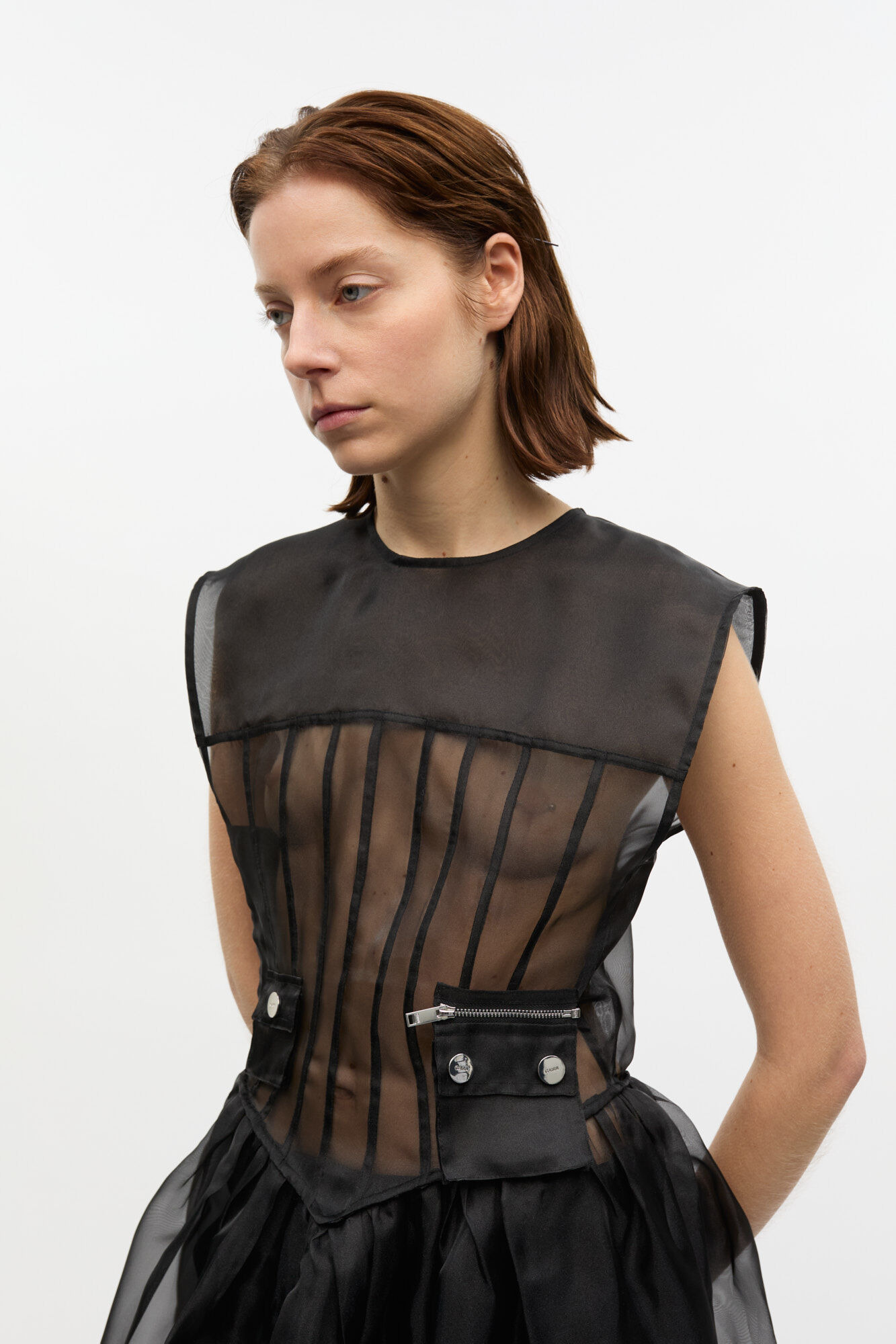 BLACK TECHNICAL ORGANZA CORSET MIDI DRESS - 4