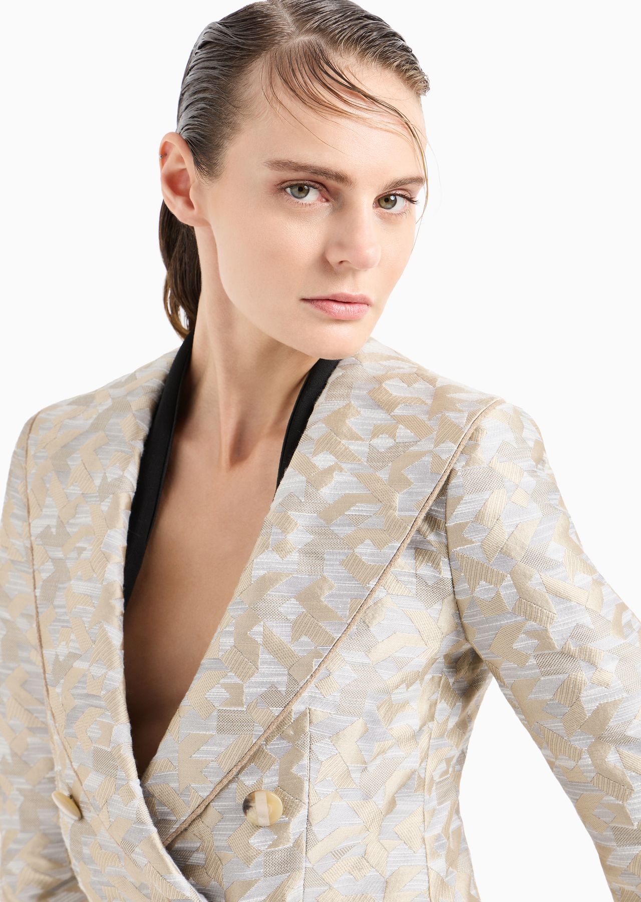 Double-breasted shawl-collar jacket in jacquard with a deconstructed geometric design - 6