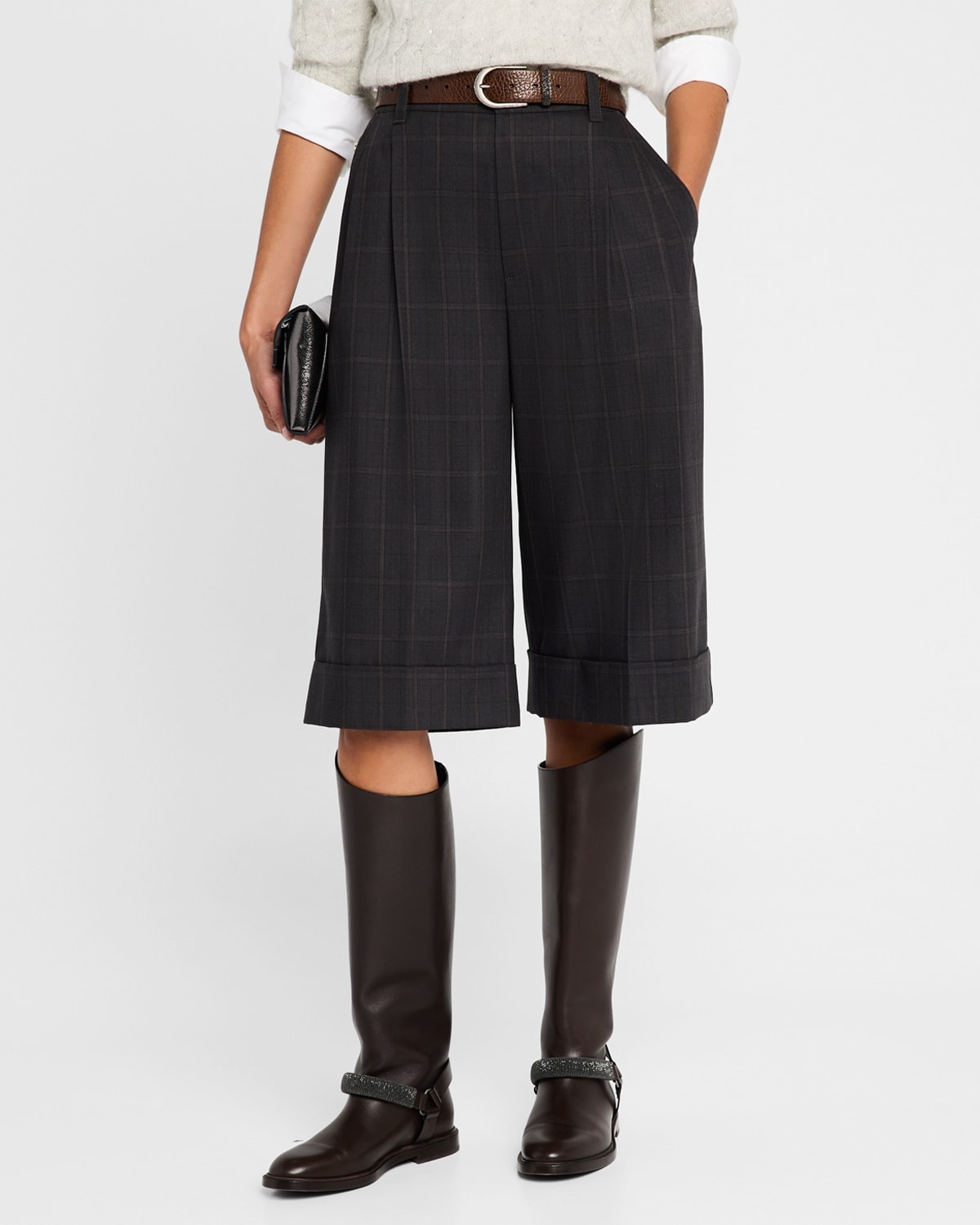 Windowpane Bermuda Pleated Wool Shorts - 4