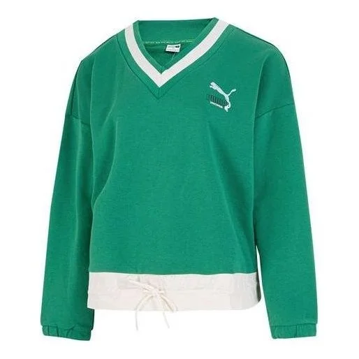 (WMNS) PUMA Logo V neck Sweatshirt 'Green' 537524-86 - 1