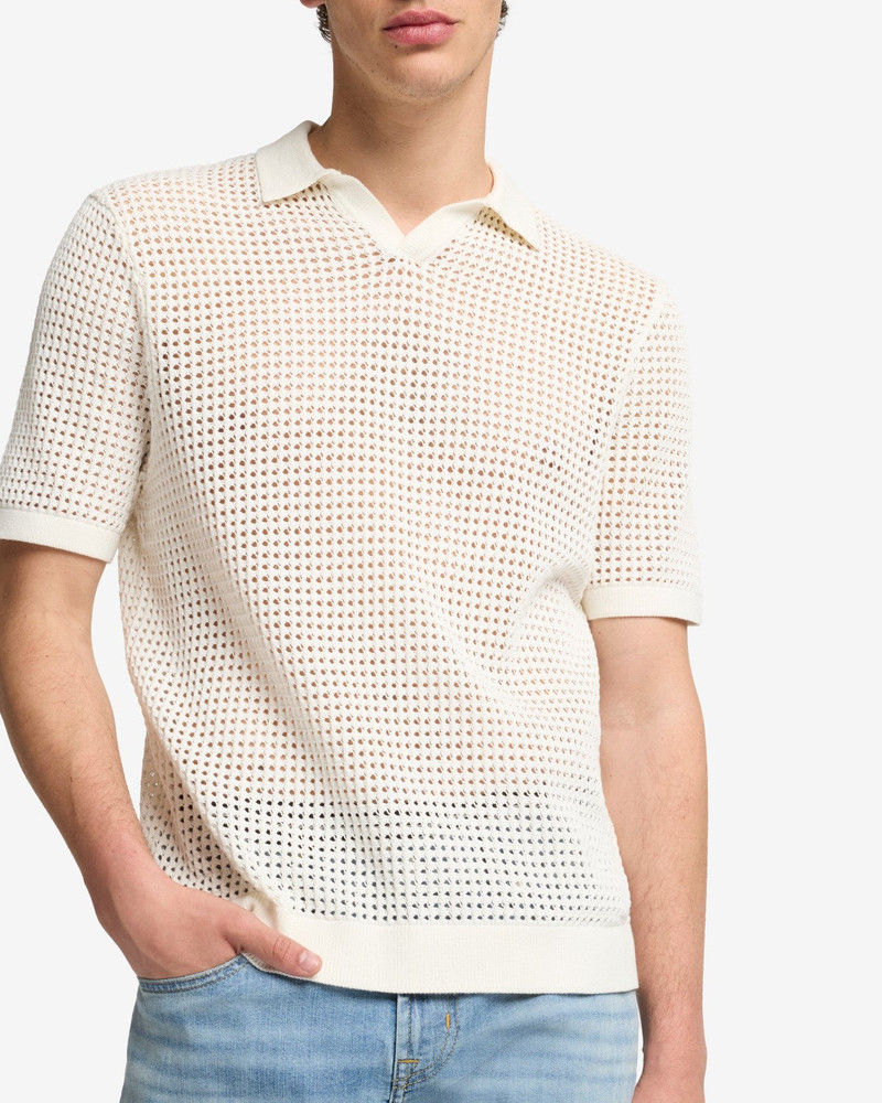 Short Sleeve Crochet Polo in White 4
