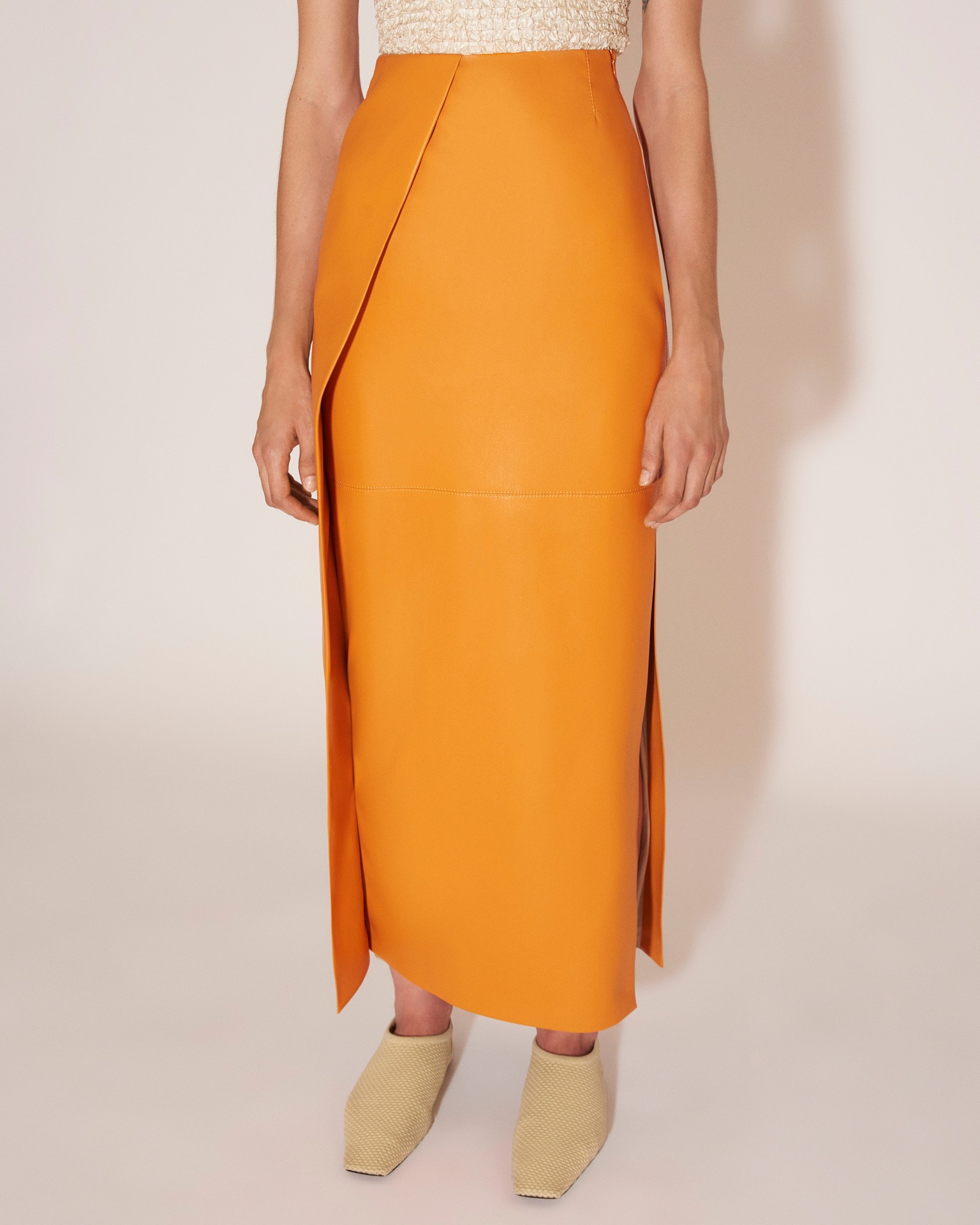 NEVE - Vegan leather waterfall trim pencil skirt - Orange - 5