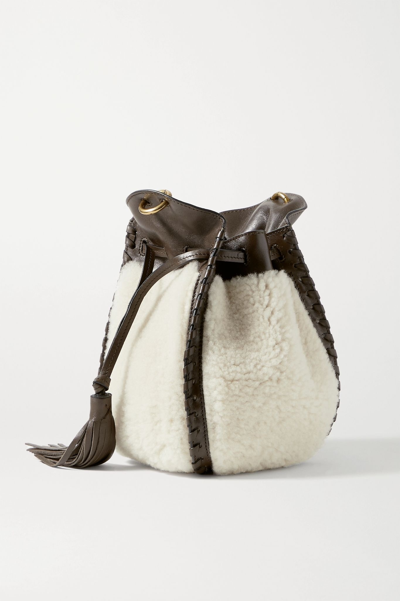 Radja whipstitched leather-trimmed shearling bucket bag - 3