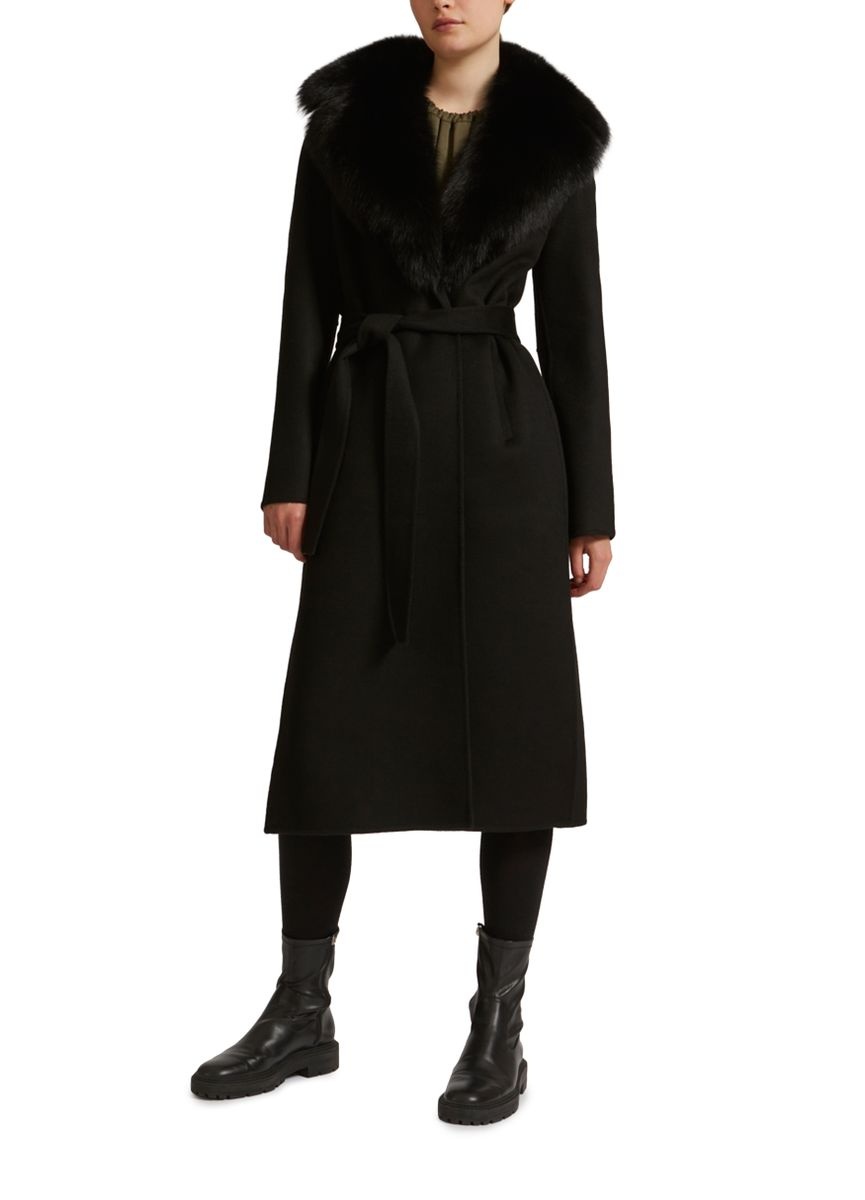 Belted cashmere coat with fox fur collar and lapels - 2