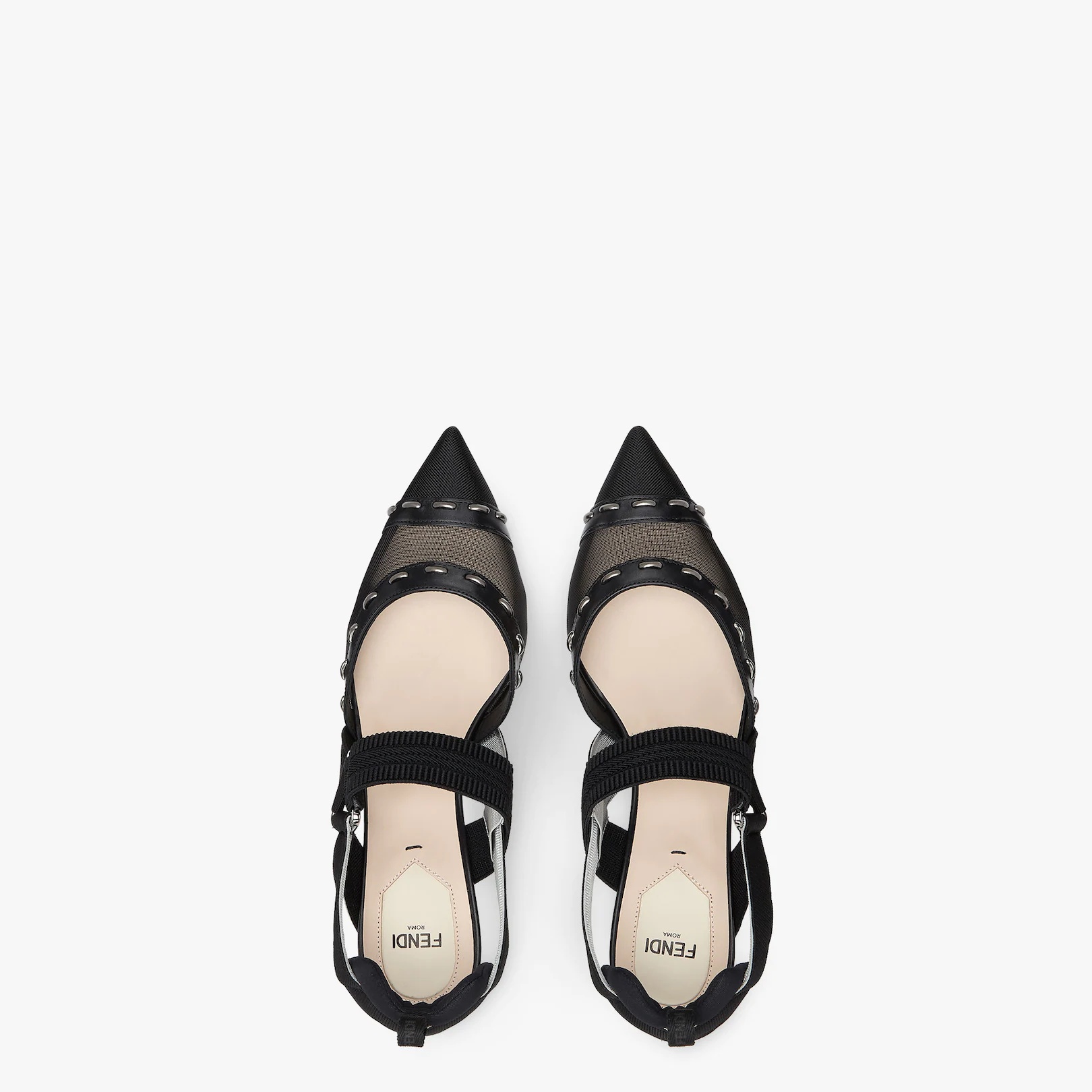 Black mesh, medium-heel slingbacks with metal stitches - 4