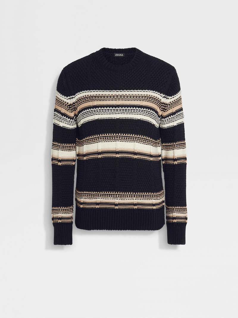 NAVY BLUE WHITE AND LIGHT BEIGE COTTON SILK AND LINEN CREWNECK 1