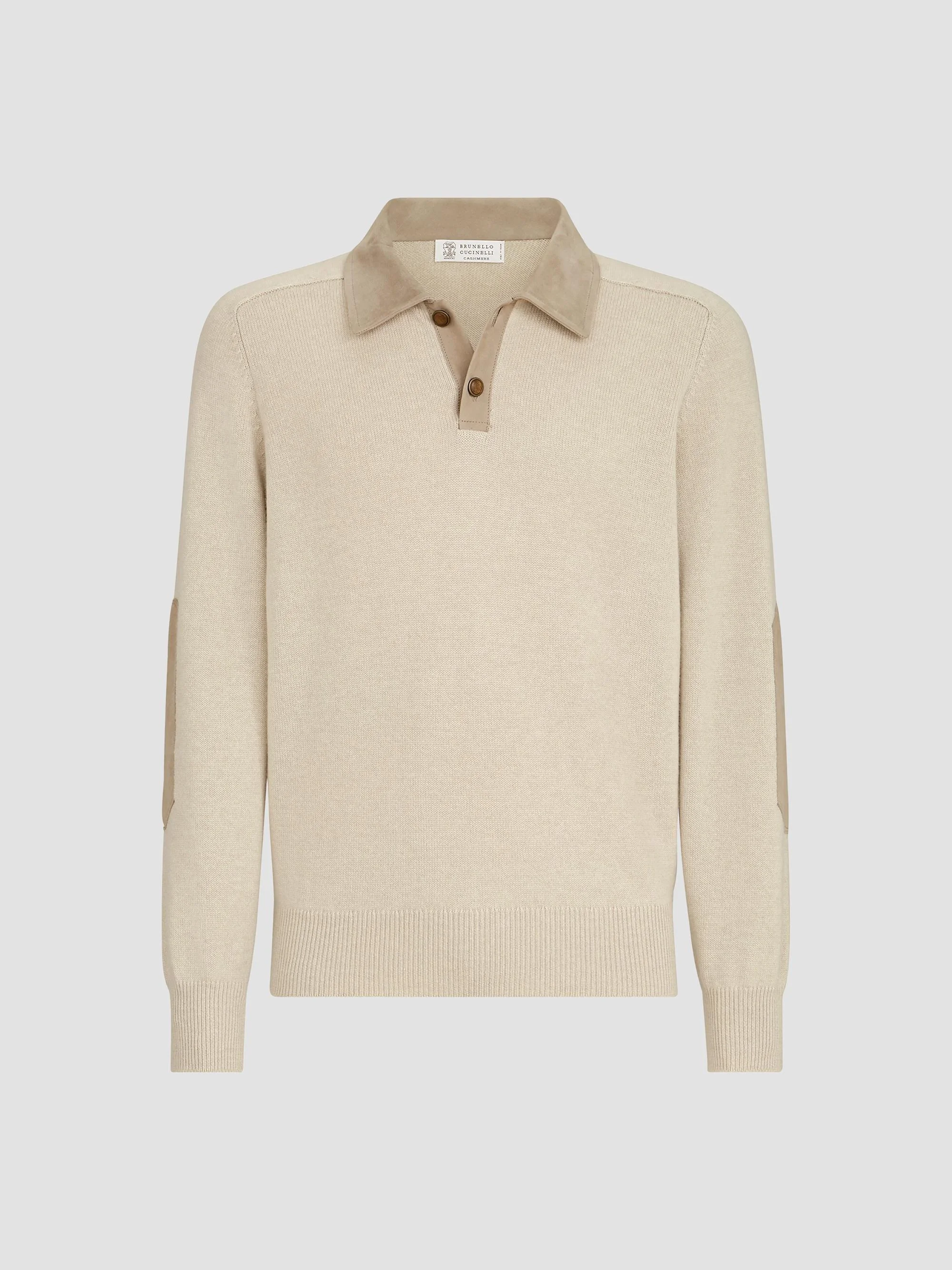 Men's Cashmere Knit Polo with Suede Collar - Sand - 1