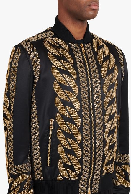 Black silk bomber jacket with gold-tone chain embroidery - 8