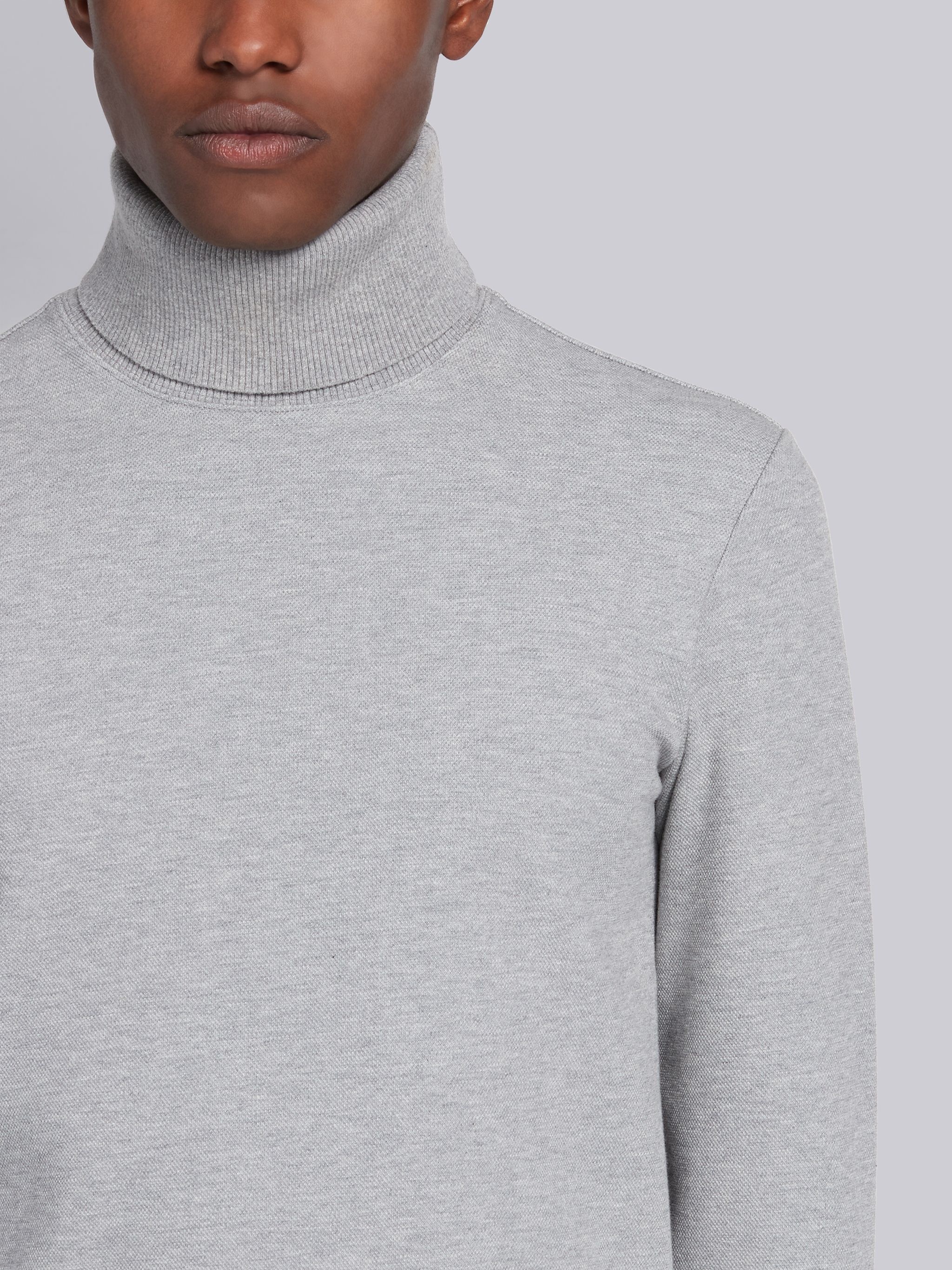 Light Grey Cotton Pique Long Sleeve Turtleneck - 5