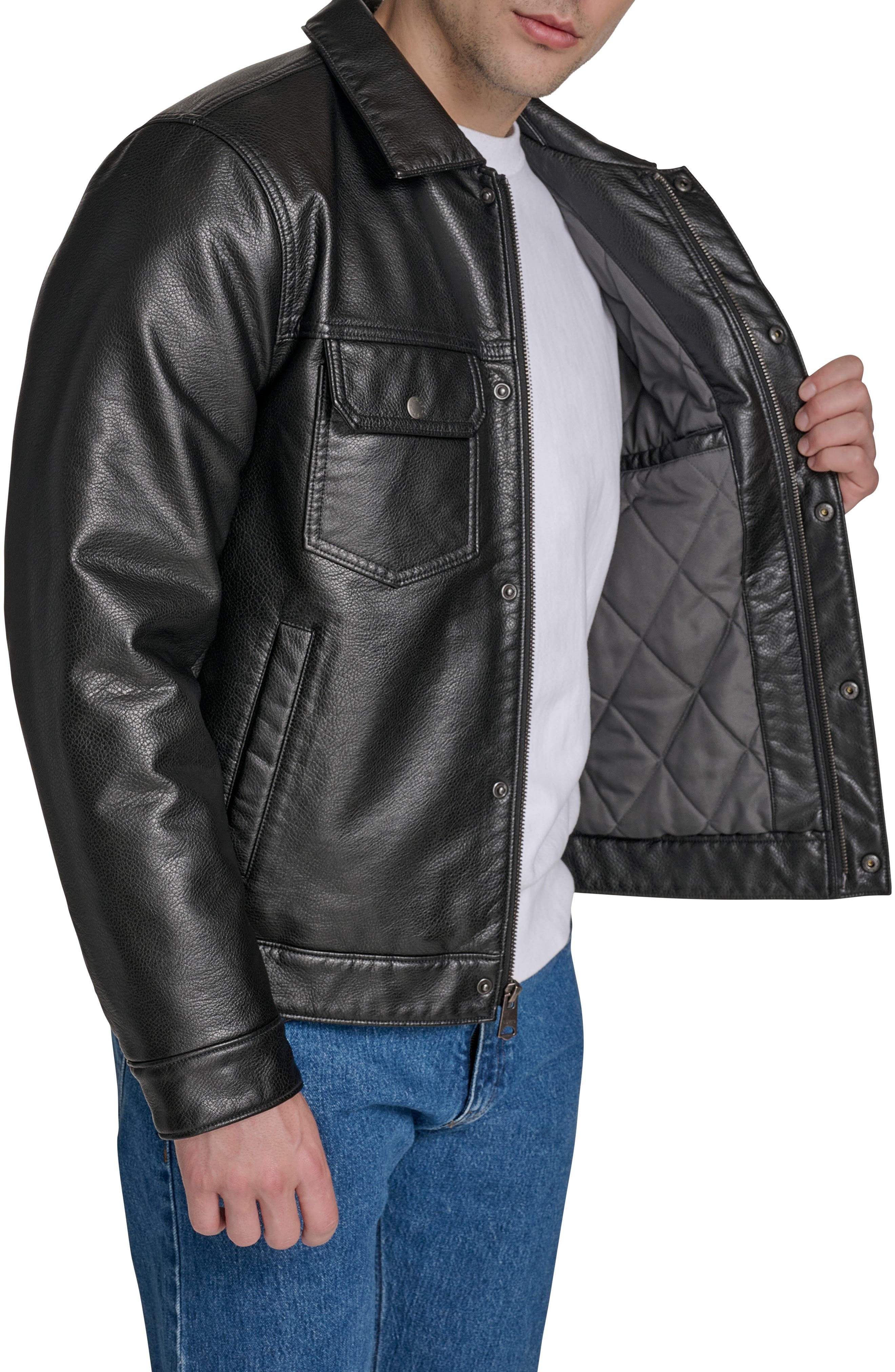 levi's Relaxed Water Resistant Faux Leather Trucker Jacket in Black at Nordstrom - 4