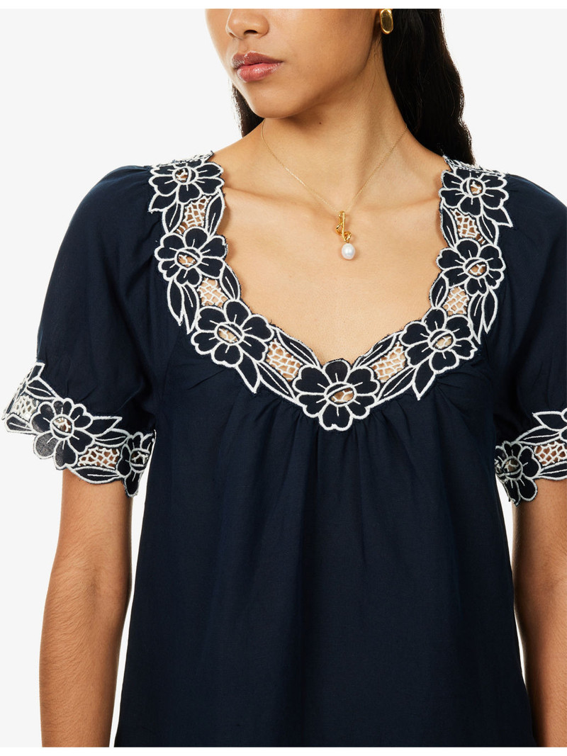 Cristina Floral-Embroidered Linen-Blend Mini Dress 5