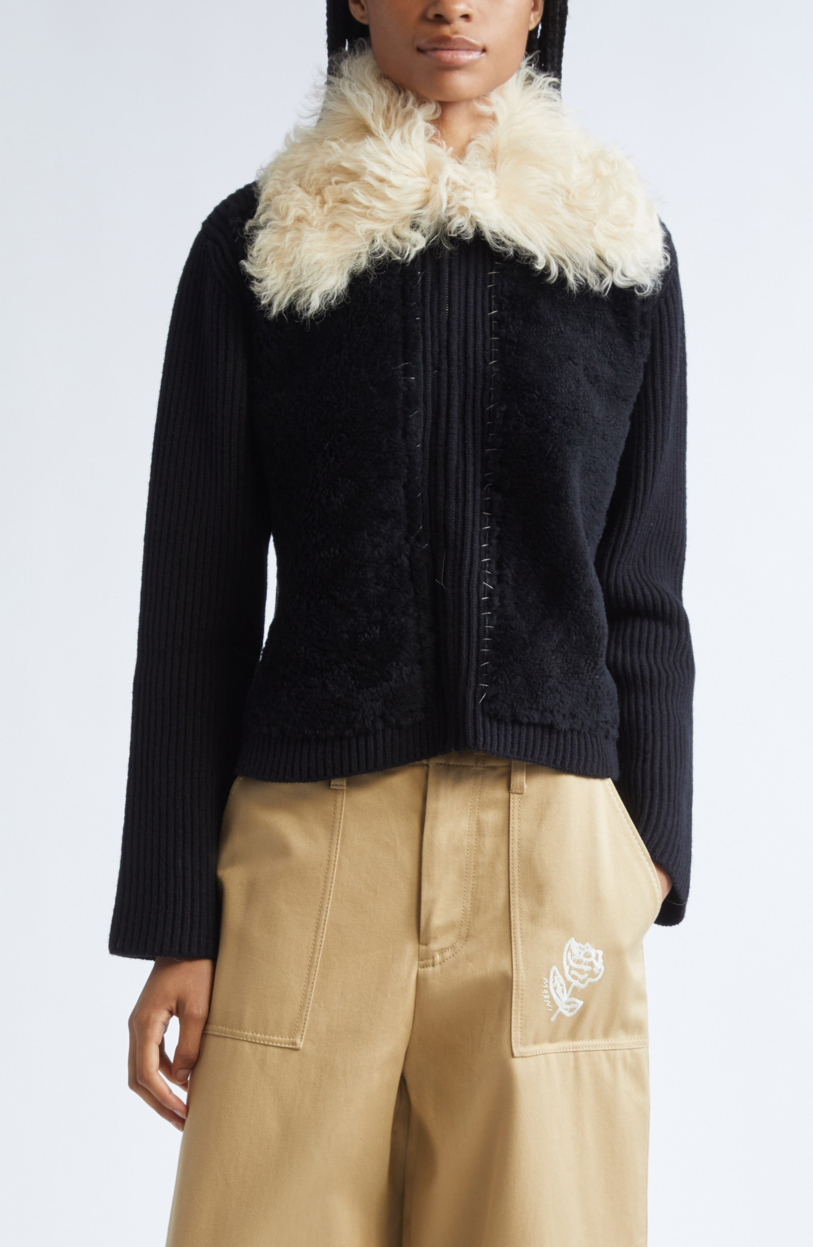 Marni Genuine Shearling & Virgin Wool Cardigan in Black at Nordstrom - 1