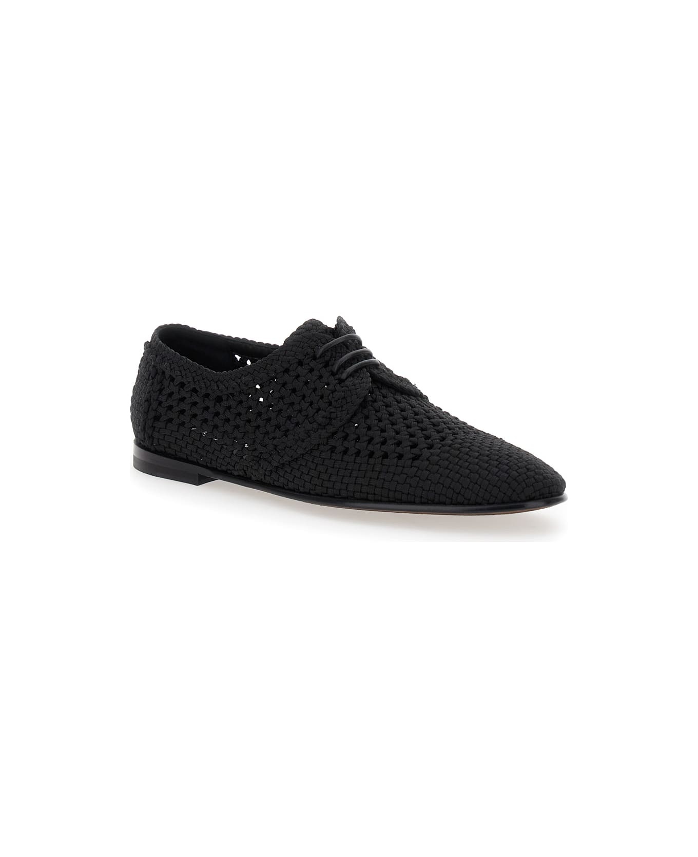 Black Lace-up Shoes With Woven Design In Fabric Man - 2