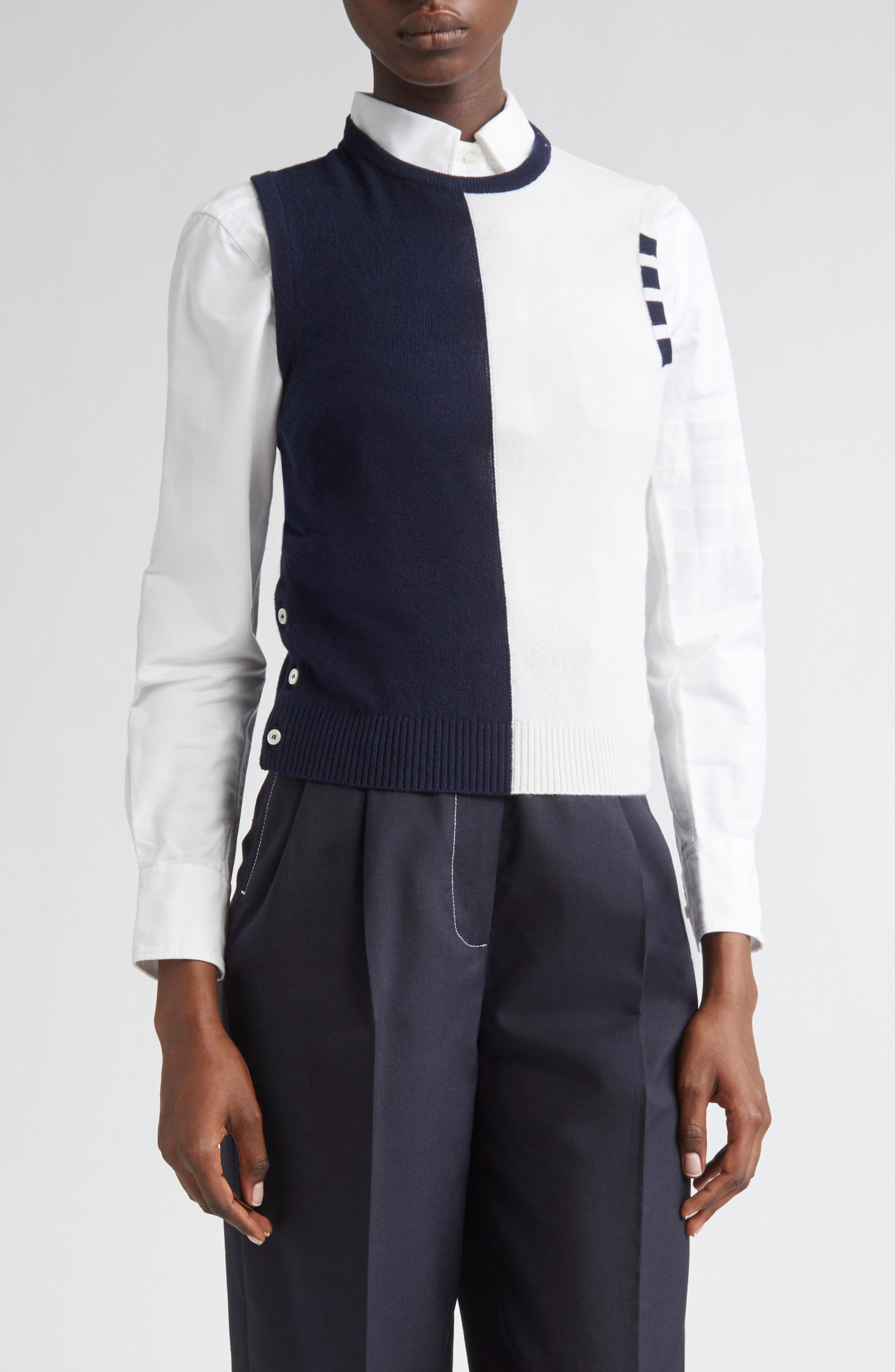 Thom Browne 4-Bar Crop Cashmere Sweater in Navy/White at Nordstrom - 1