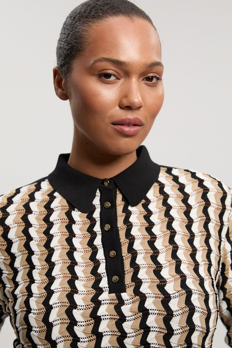 KAREN MILLEN Plus Size Knit Pointelle Contrast Collared Top outlook