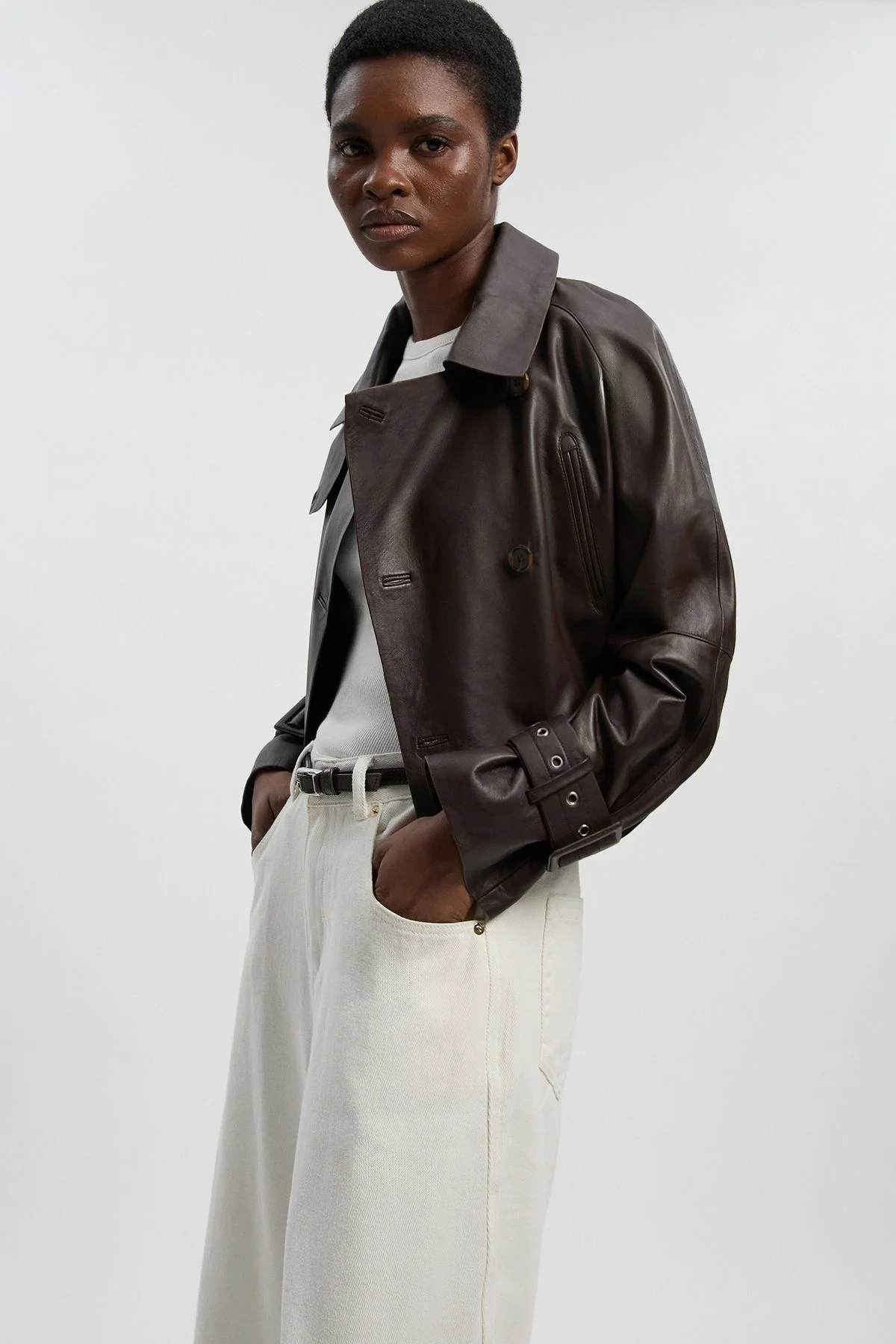 Leather High Neck Crop Trench Coat - 1