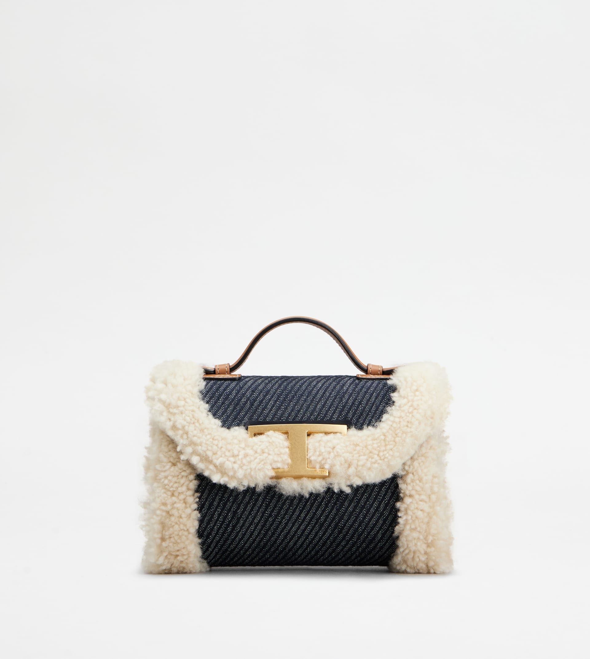 Tod's T TIMELESS CROSSBODY BAG IN DENIM AND SHEEPSKIN MICRO - OFF WHITE,  BLUE