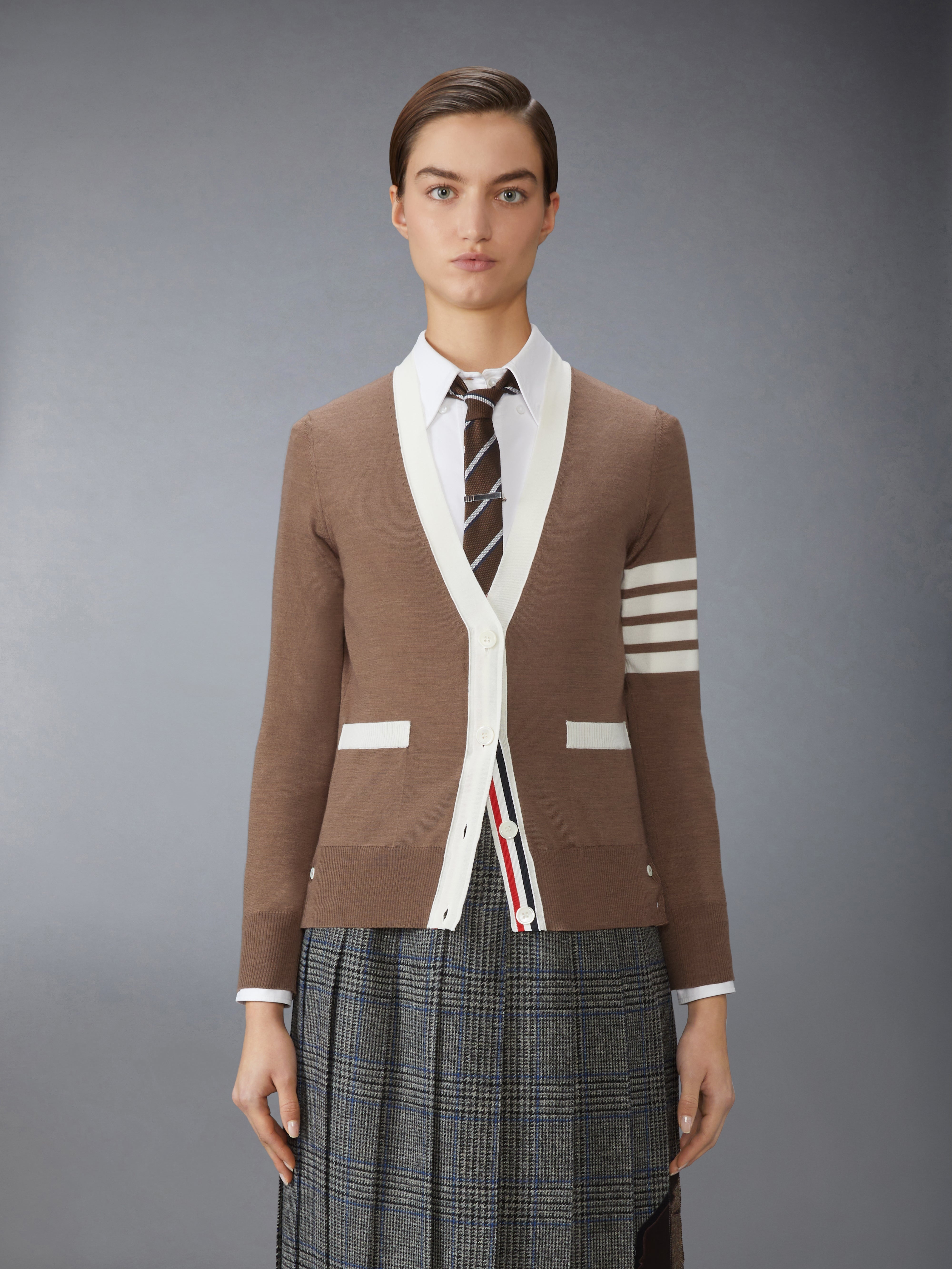 FINE MERINO WOOL 4-BAR V NECK CARDIGAN - 2