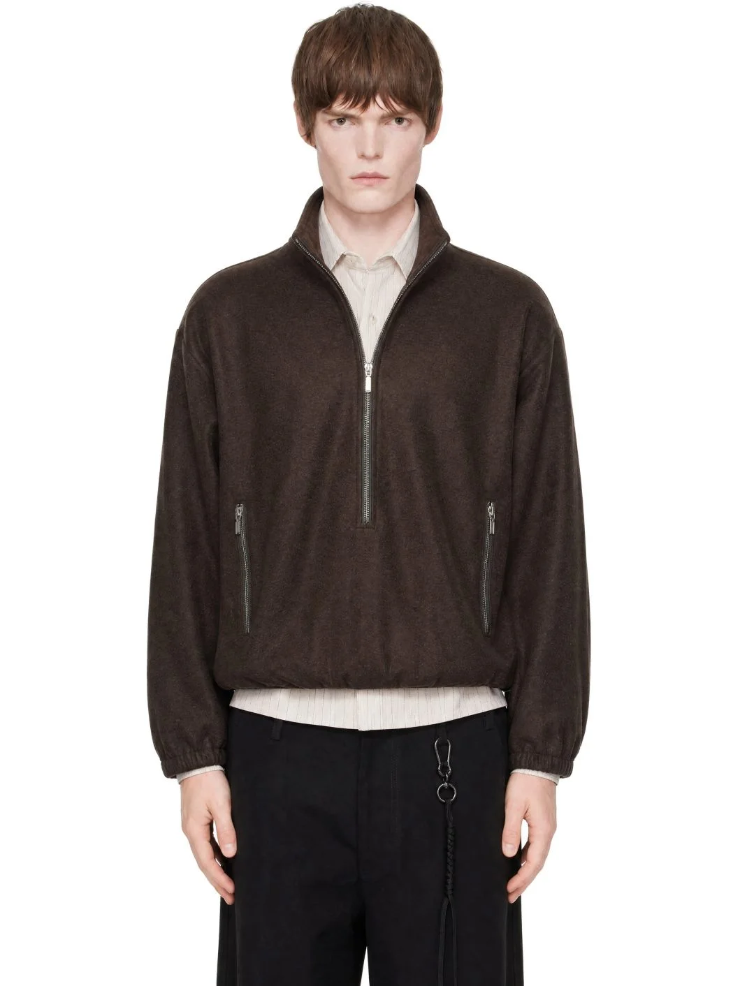 Brown Brushed Wool Long Zip Pullover Sweatshirt - 1