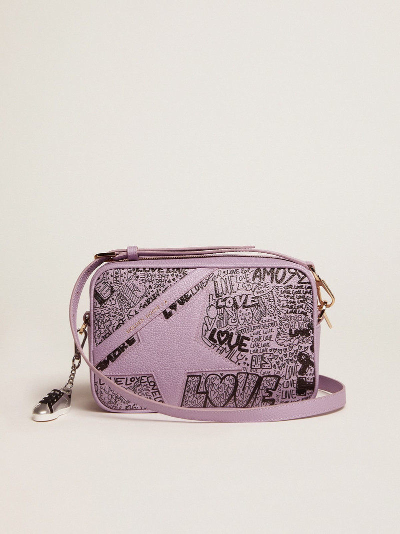 Lilac hammered leather Star Bag with tone-on-tone leather star and black all-over graffiti print 1