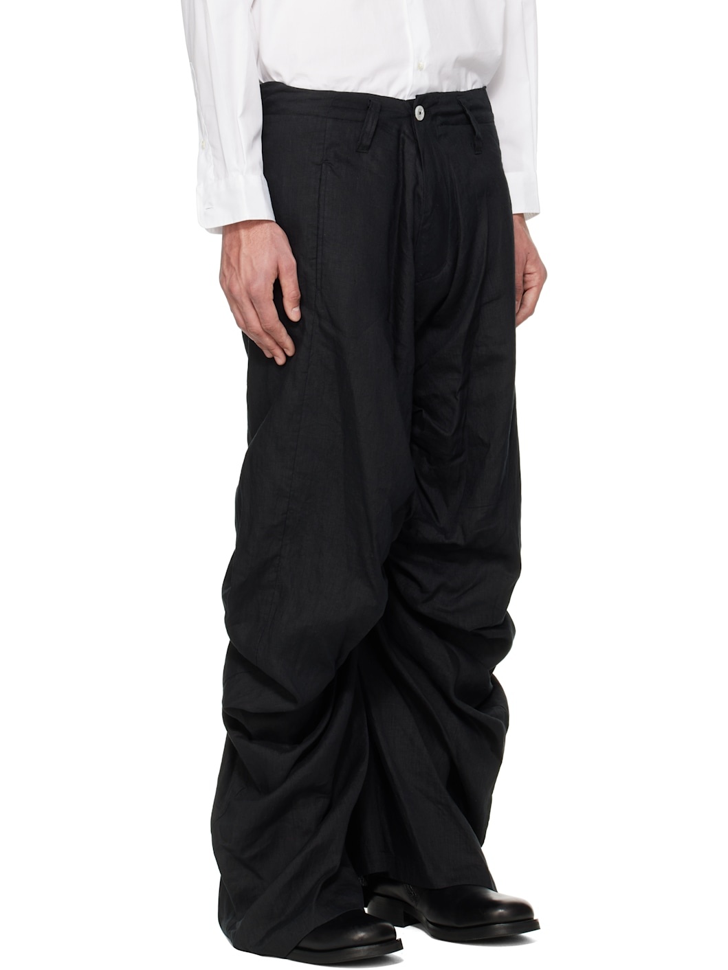 Black Draped Linen Trousers - 2