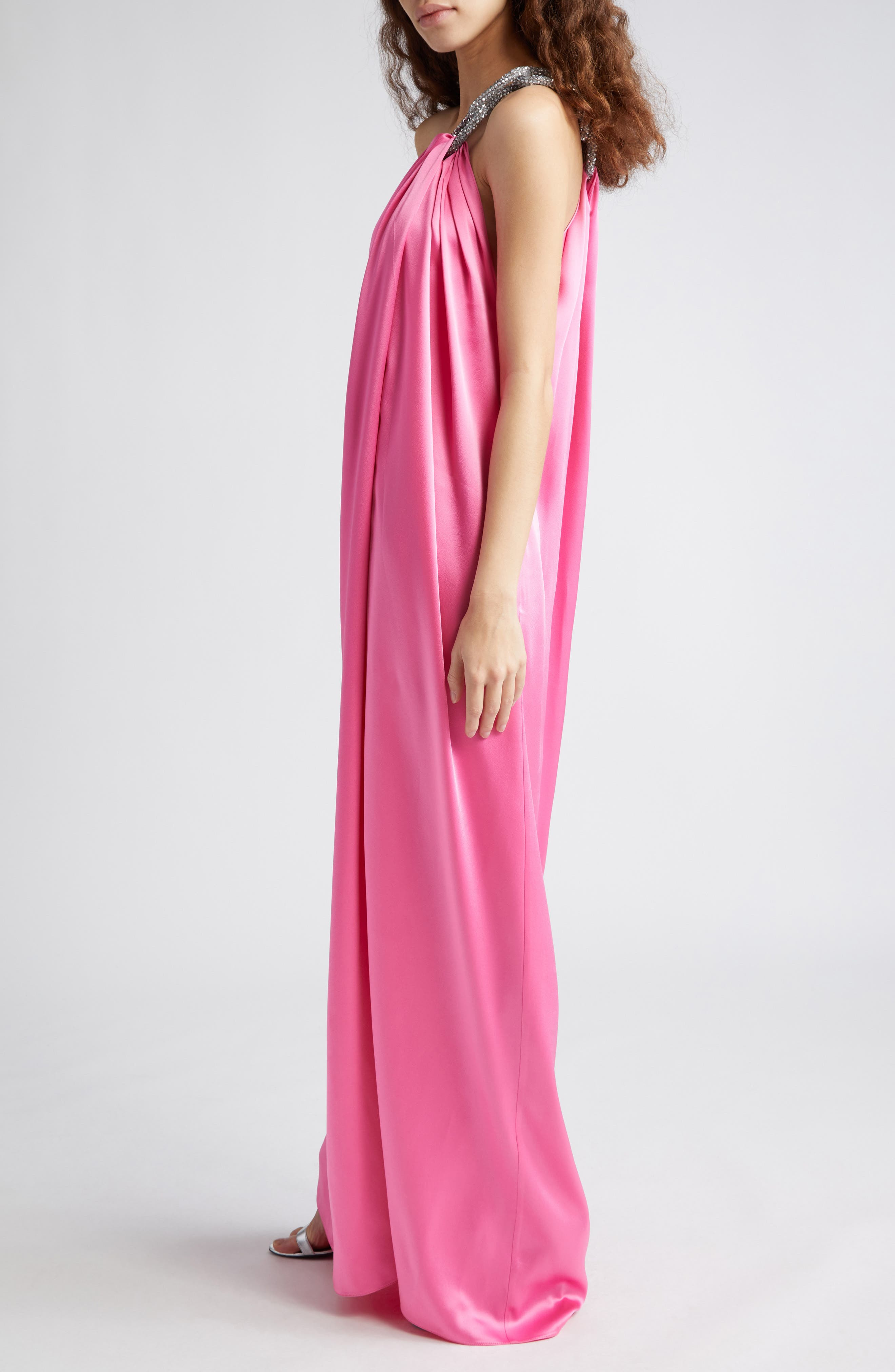 Falabella Crystal Chain Strap One-Shoulder Satin Gown - 3