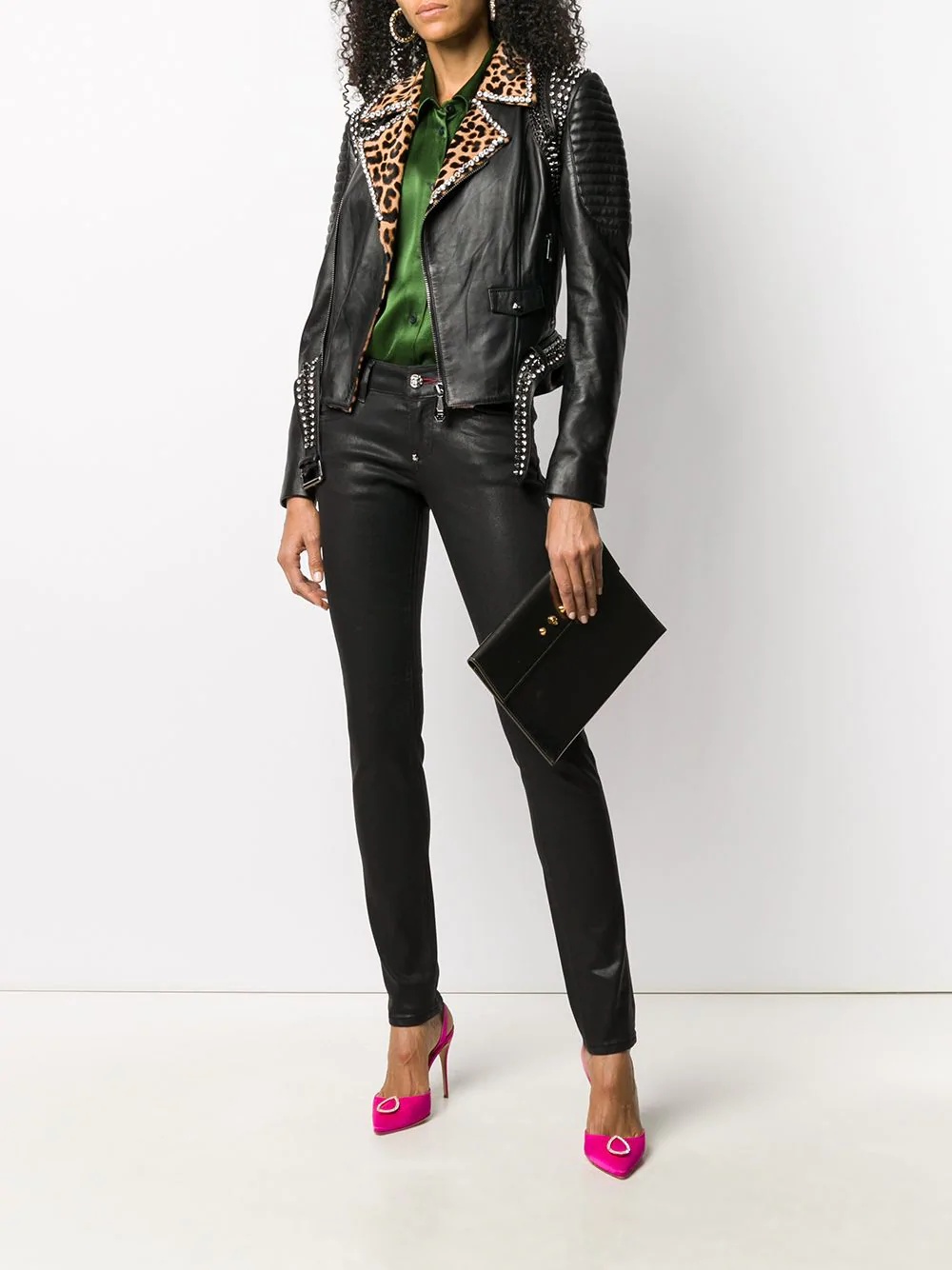 spike-stud leopard-print biker jacket - 2