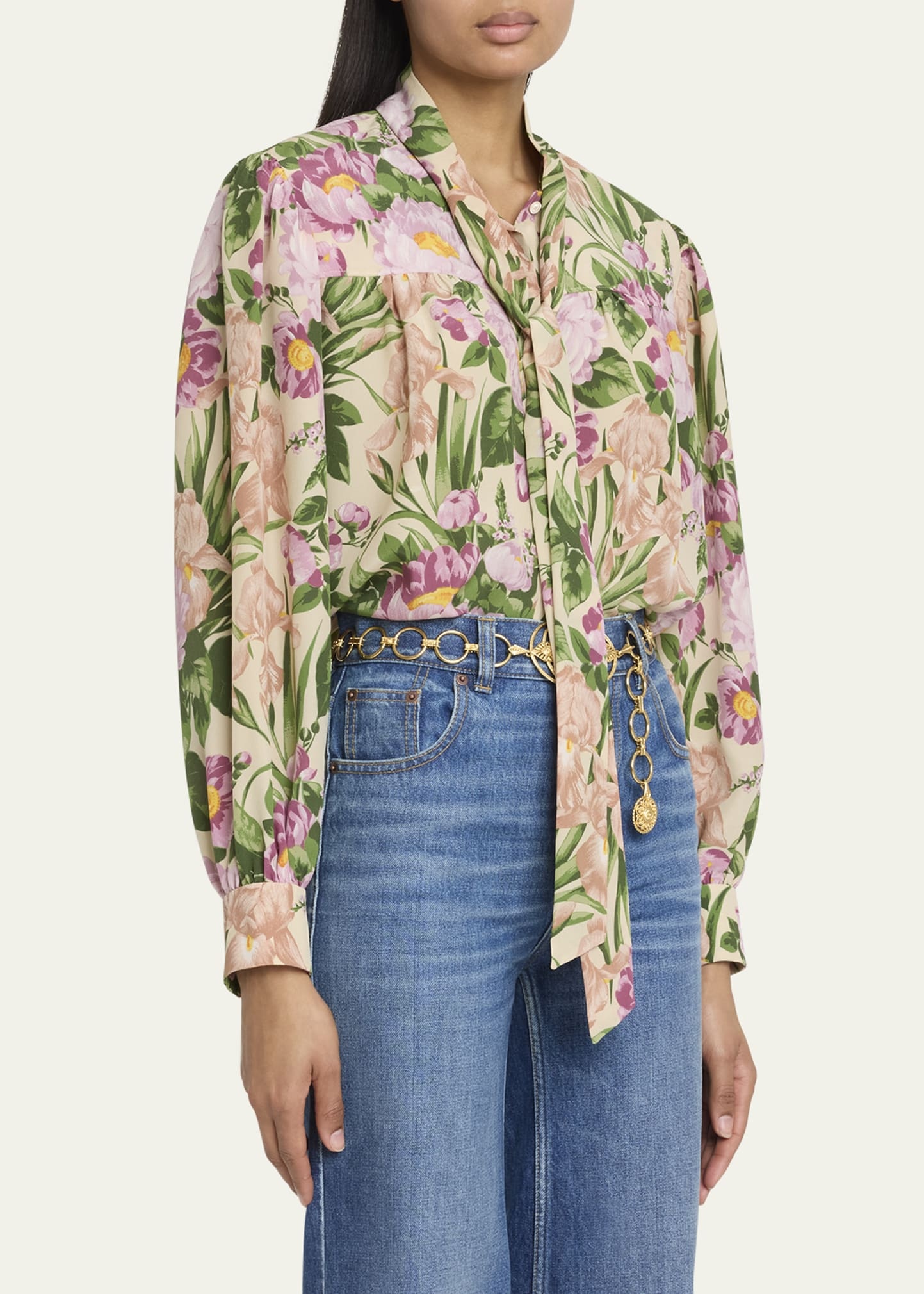 Floral Silk Neck-Tie Button-Down Blouse - 4