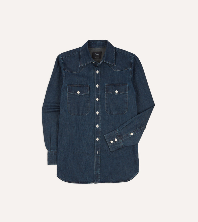 Indigo Rinse Denim Two-Pocket Western Shirt - 1