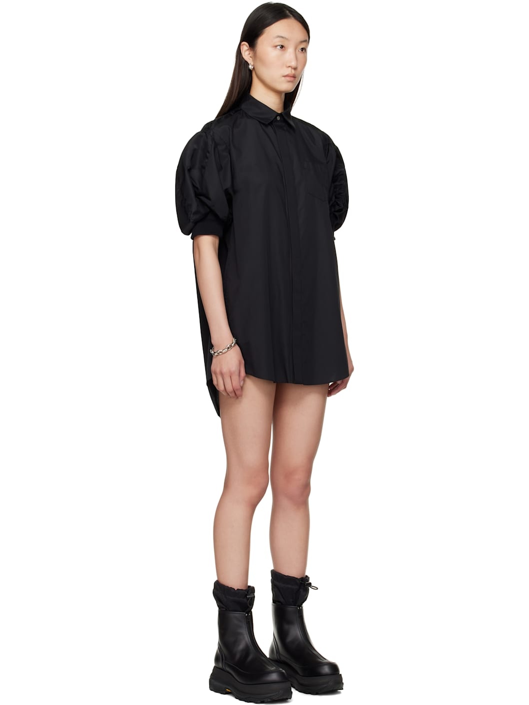 Black Cotton Poplin & Nylon Twill Minidress - 2