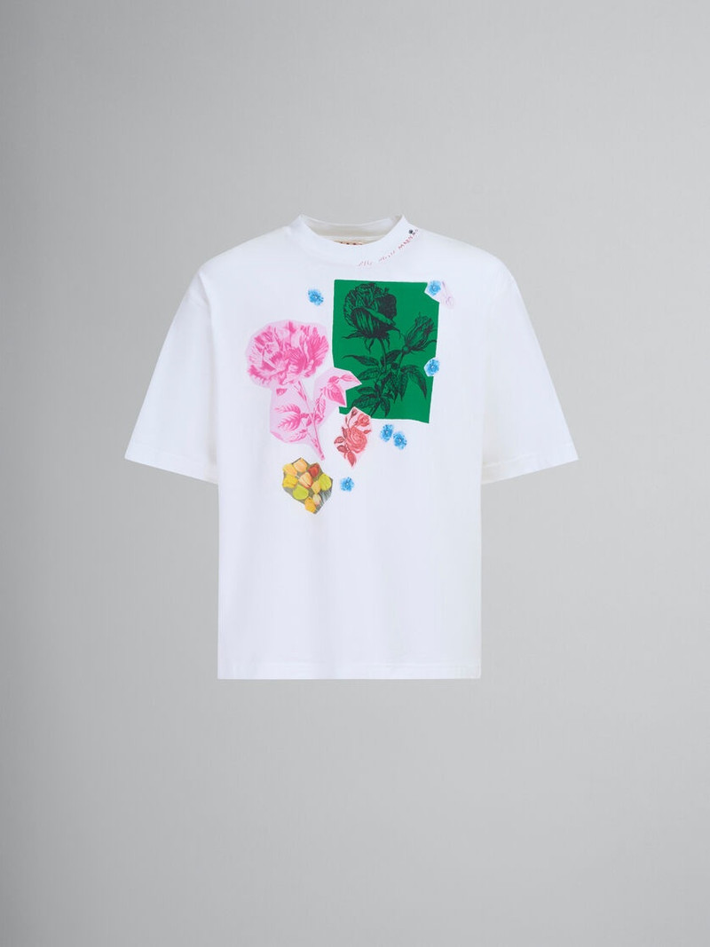 WHITE COTTON T-SHIRT WITH FLOWER PRINTS - 1