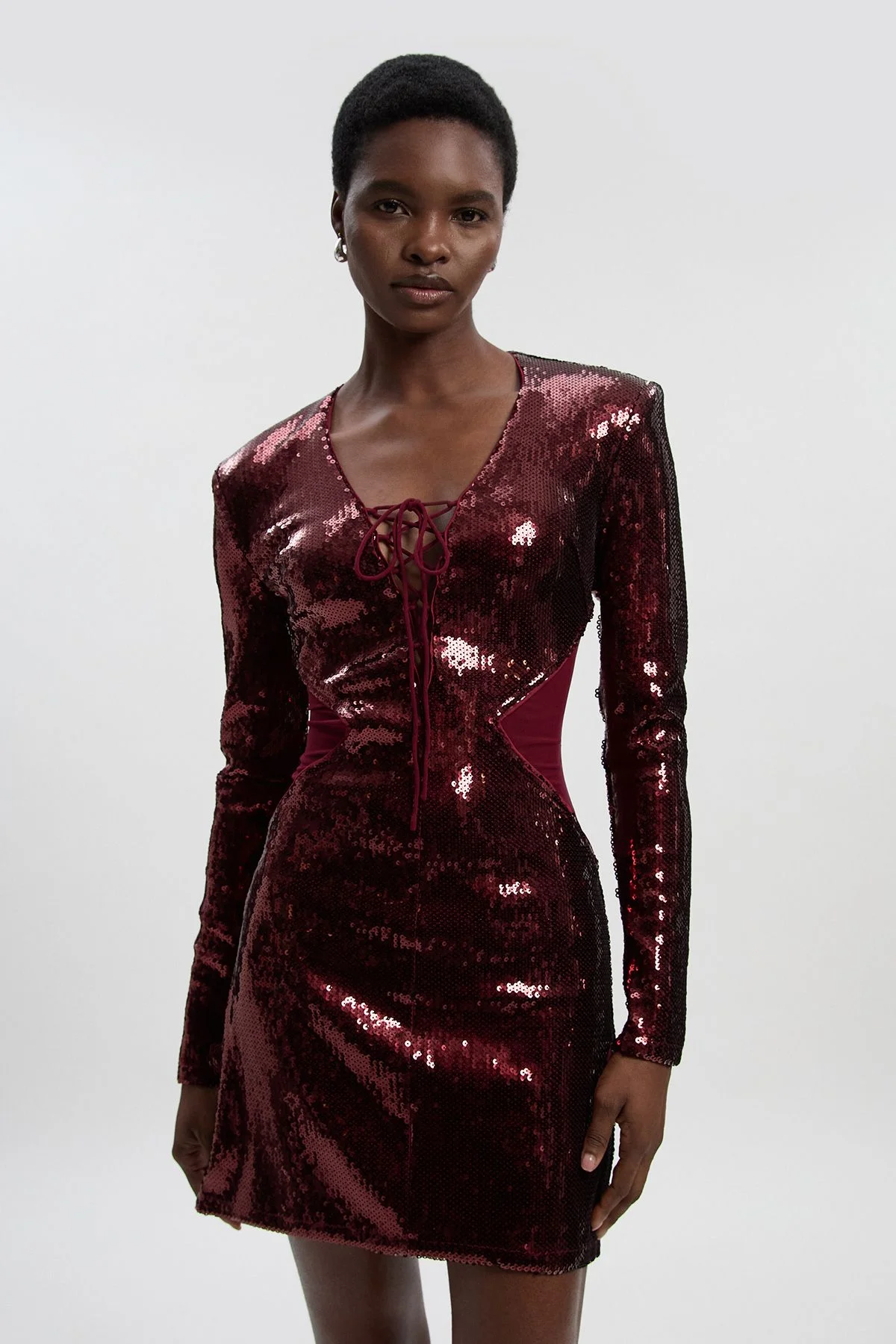 Tall Sequin Power Mesh Lace Up Mini Dress - 1