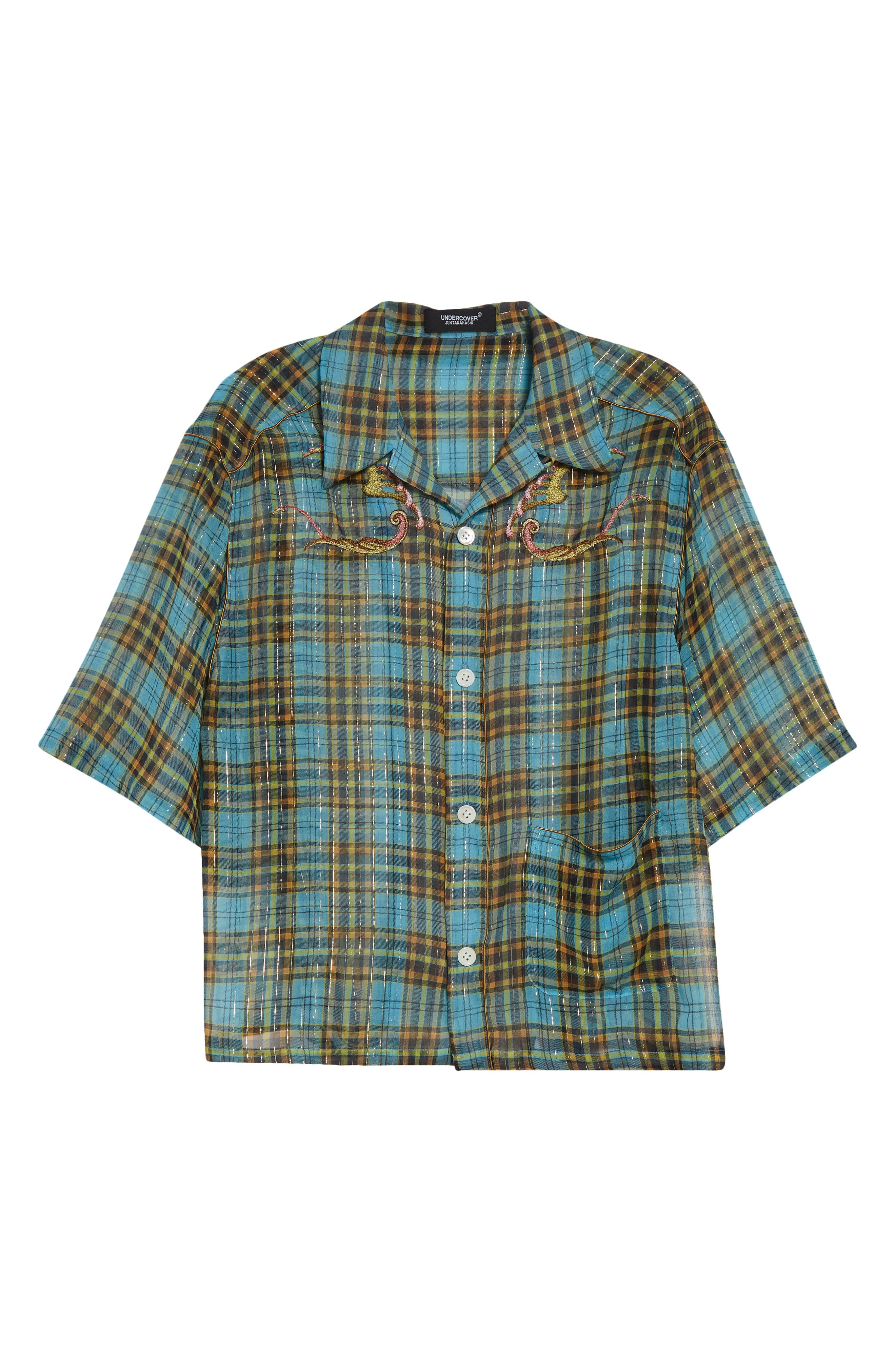 Undercover Metallic Stripe Plaid Silk Blend Camp Shirt in Blue Check at Nordstrom - 6