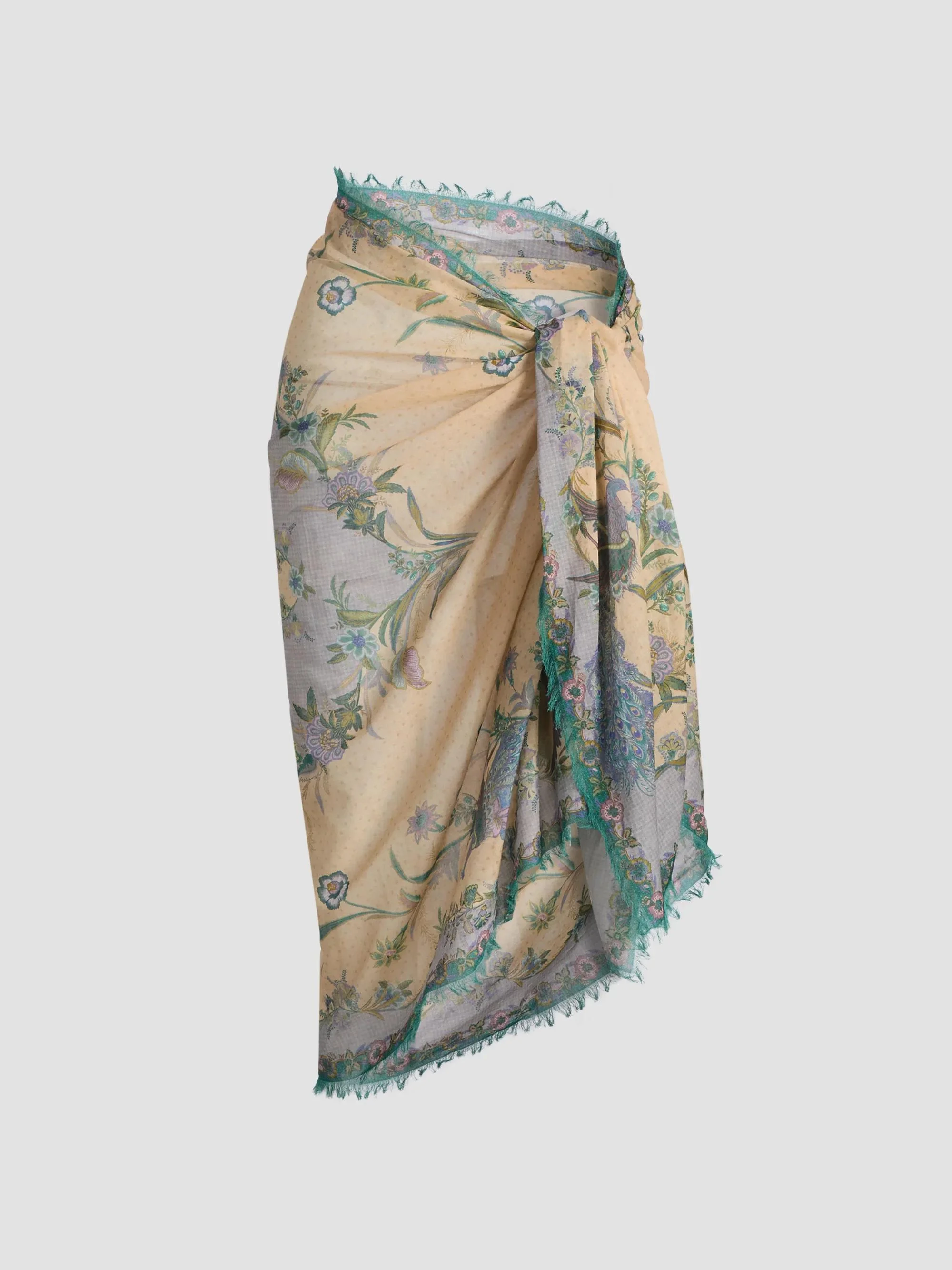 Women's Printed Cotton Pareo - Cream Scarf Floral - 1
