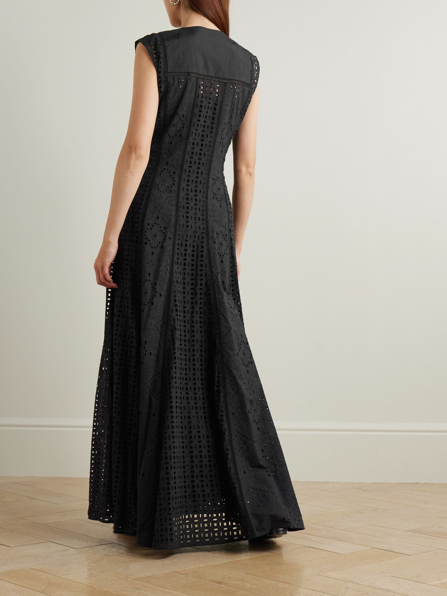 Alina tie-detailed tasseled broderie anglaise cotton maxi dress Black - 3