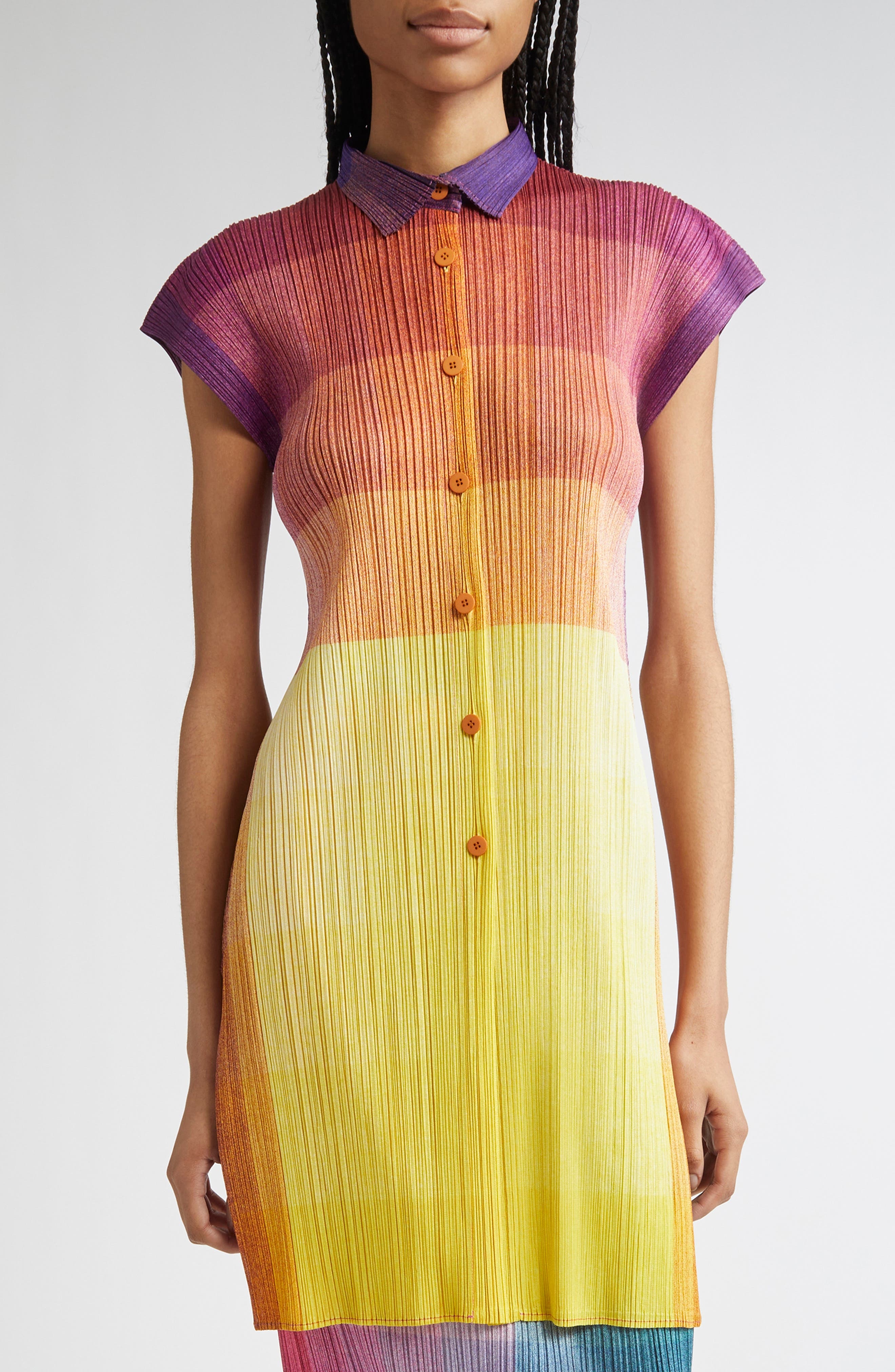 Pleats Please Issey Miyake Photon Print Pleated Shirtdress in Yellow at Nordstrom - 1